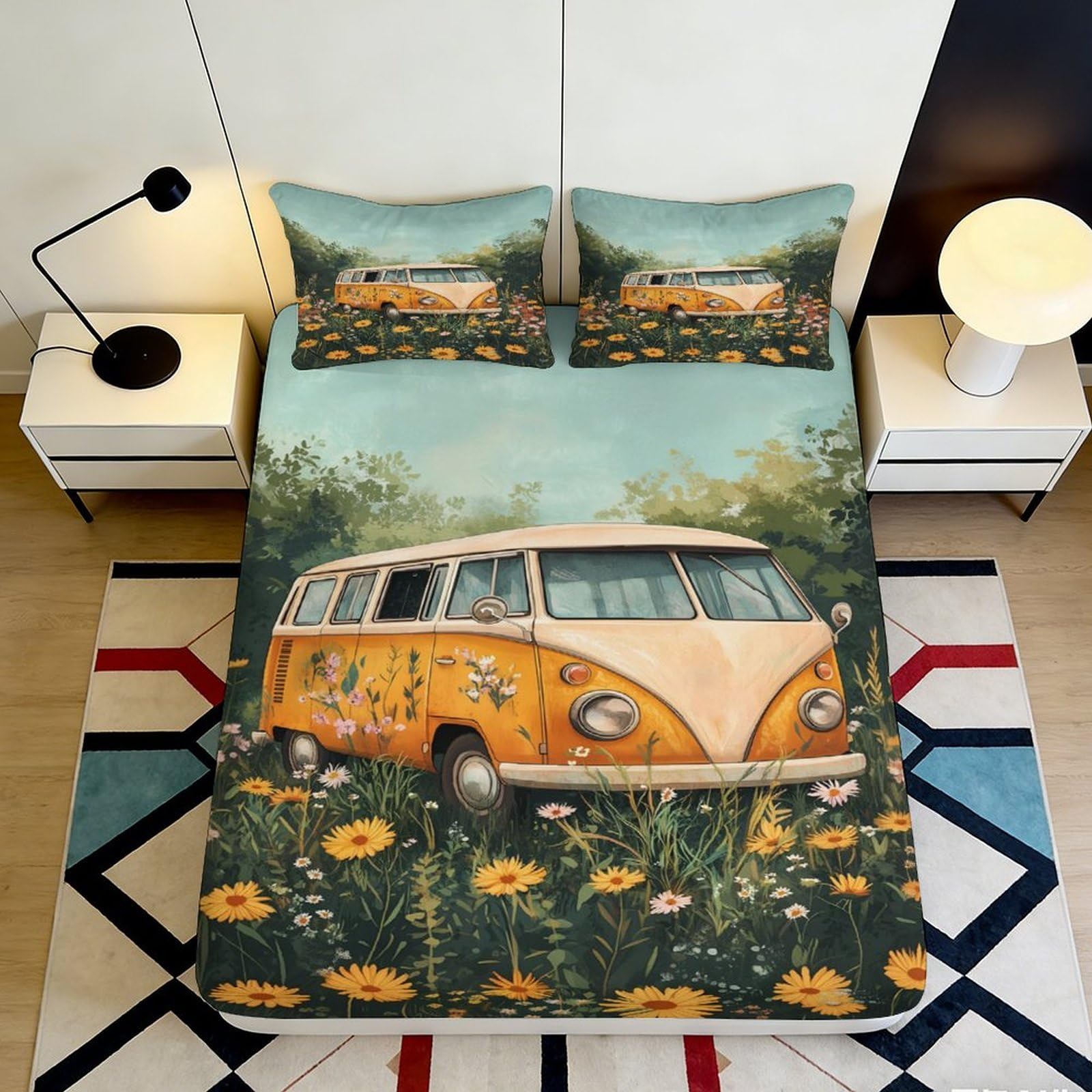 Dhbaneiok Style-6 3D Printed Vintage Camper Fitted Sheet Microfiber Floral Meadow Bed Cover For Adult Bedroom Dorm Decor 90X200x25cm