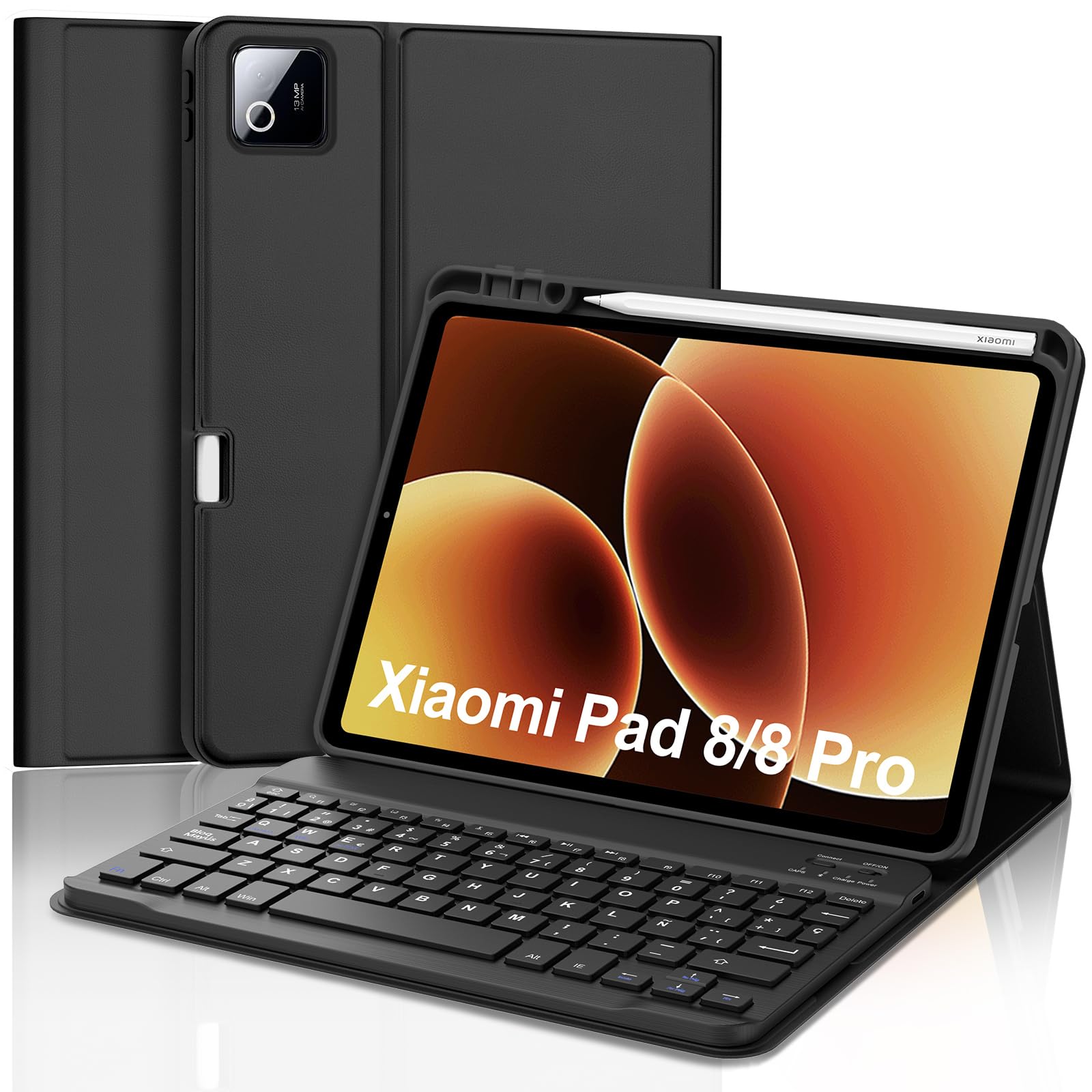 Funda con Teclado para Xiaomi Pad 8/8 Pro 11.2 Pulgadas, Español Ñ Teclado Bluetooth Inalámbrico Desmontable con Funda Delgada y Portalápices para Tableta Xiaomi Pad 7/7 Pro 11.2 Pulgadas, Negro