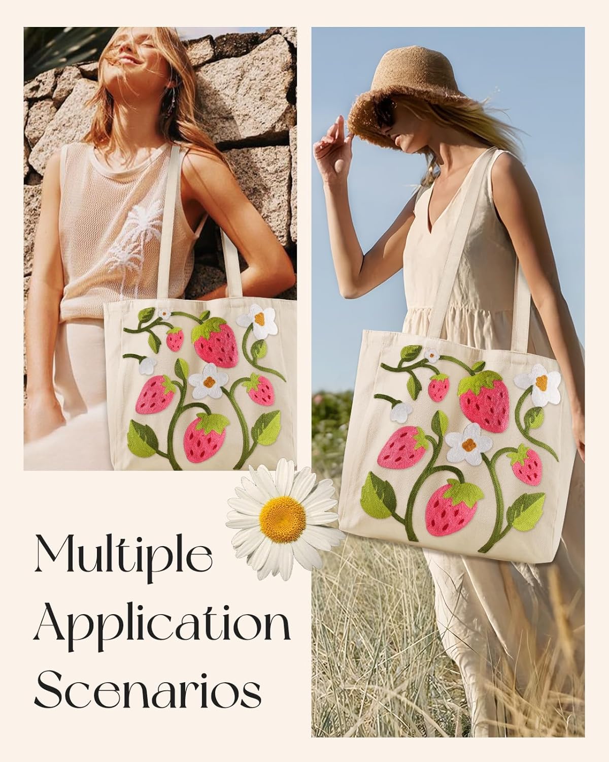 Embroidery Canvas Tote Bag for Women - Reusable Totes with Pocket & Buckle Aesthetic Cute Grocery Shoulder Bag - Image 6