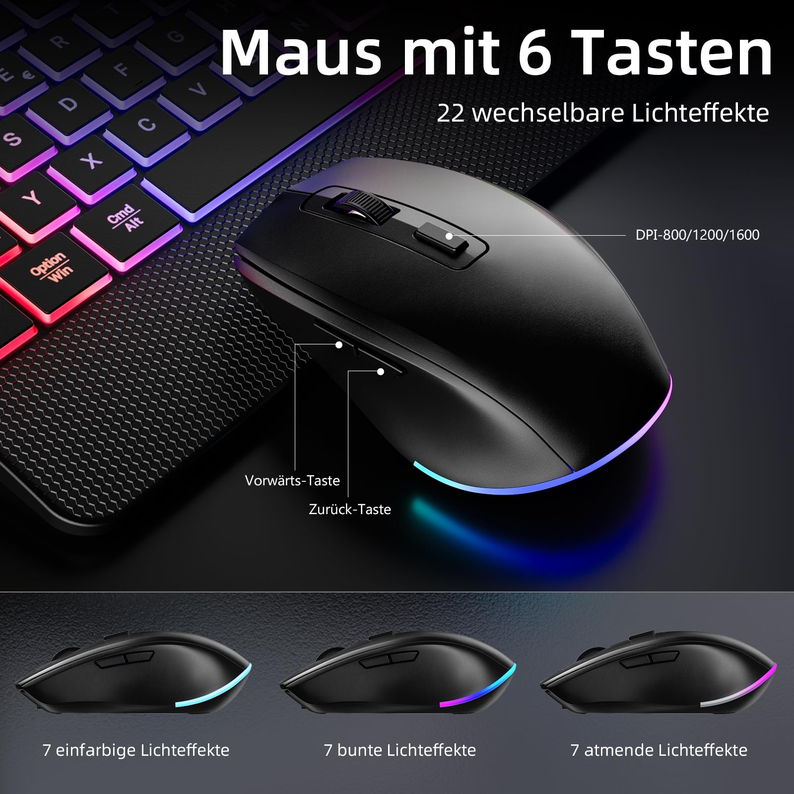 Hamile Tastatur Maus Set kabellos Beleuchtete mit Handyhalter, 2,4G QWERTZ