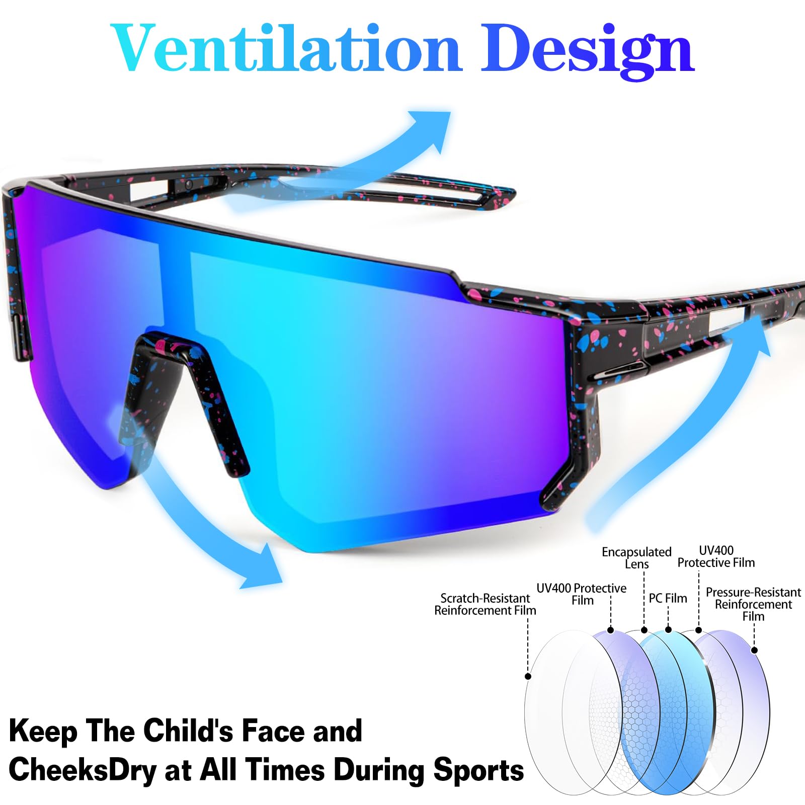 Unisex Kinder Sonnenbrille,Occhiali da ciclismo per bambini,Occhiali da Sole Sportivi Polarizzati per Bambini,Occhiali Ciclismo Bambino Occhiali Sportivi Ciclismo Baseball,Protezione UV400 per Kinder