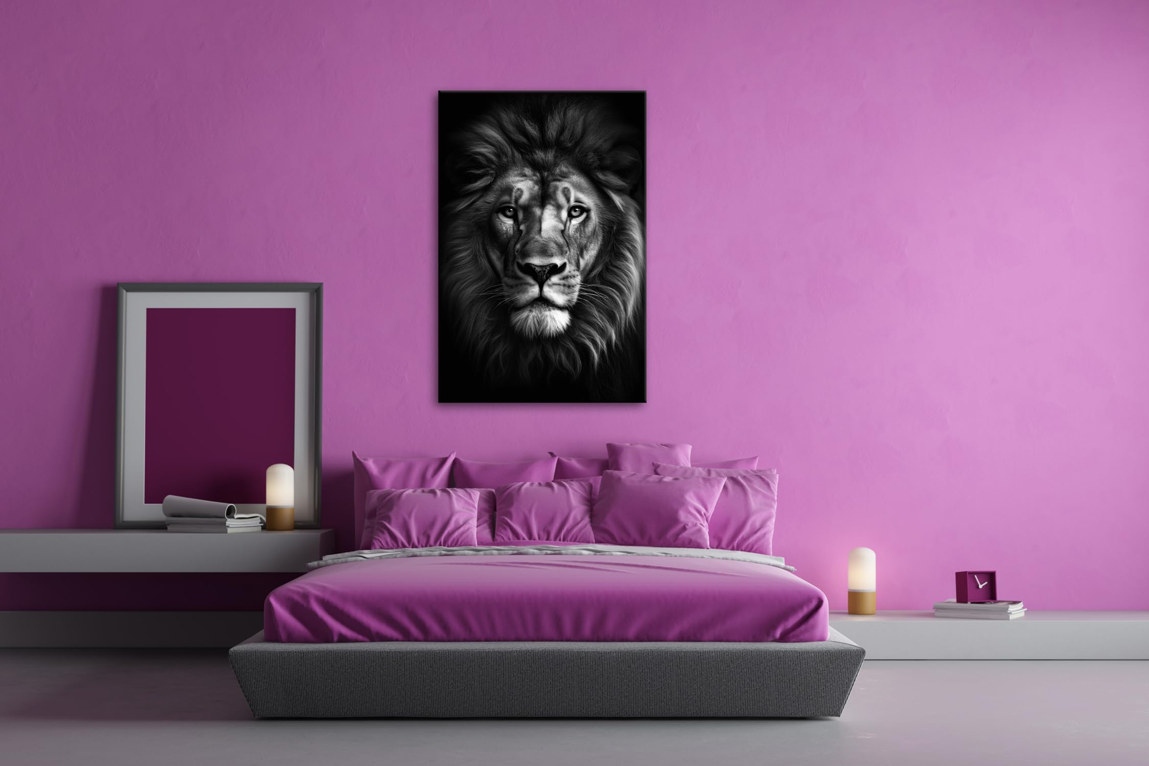 deyoli Leinwandbild Majestätischer Löwenkopf mit prachtvoller Mähne im Dunkeln Format: 120x80cm Effekt: Schwarz&Weiß XXL Kunstdruck Bild auf Keilrahmen/Wandbild/Wohnzimmer Dekoration