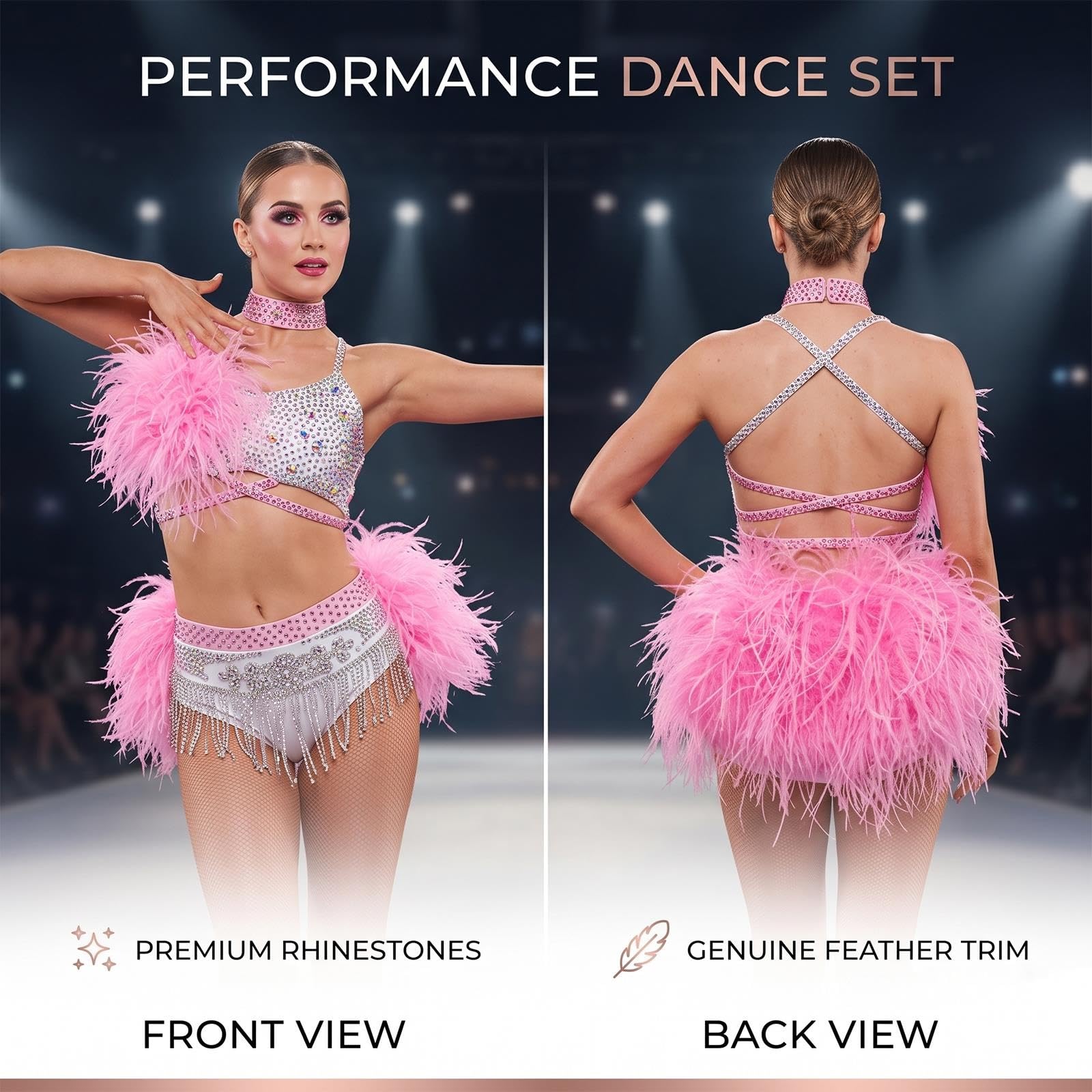 Conjunto de danza jazz 2 piezas con pedrería y plumas mujer y adolescente