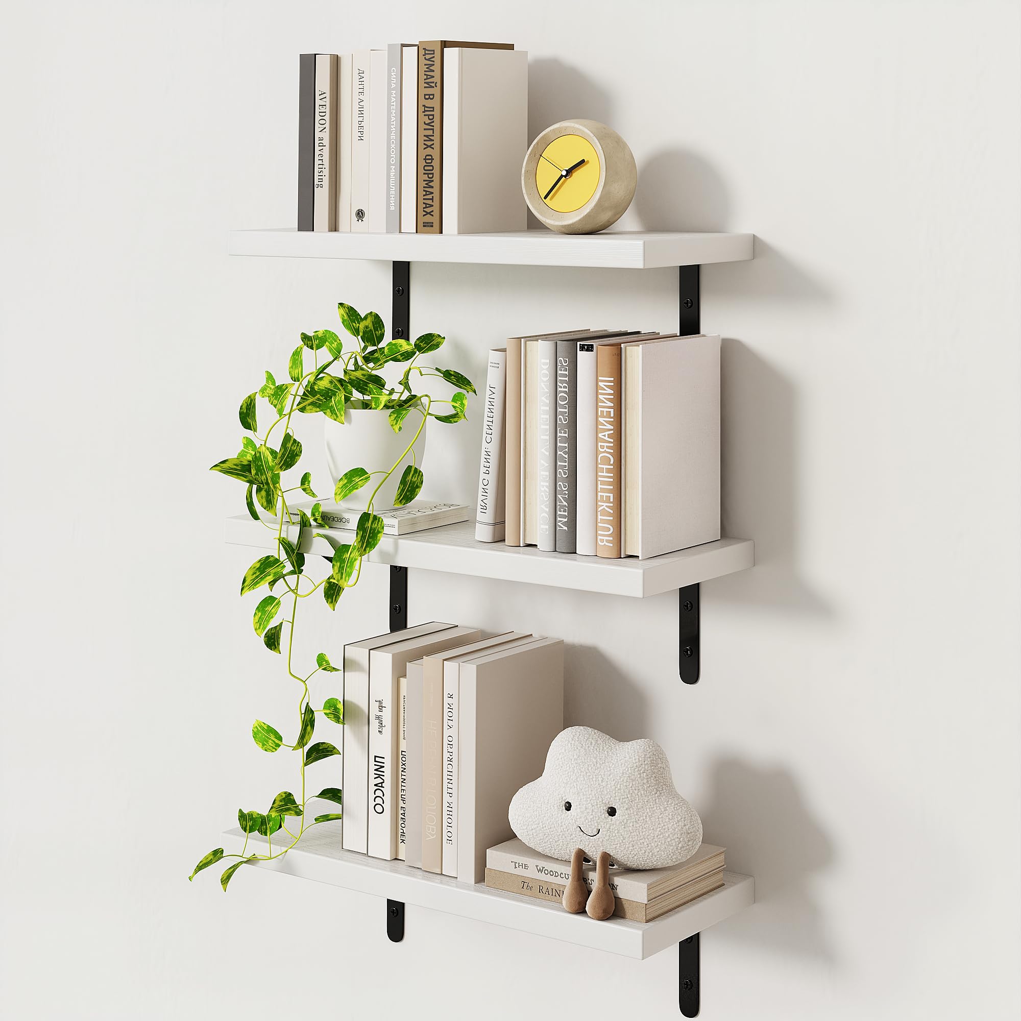 Floating Wall Shelves, 40cm Wood, Set of 3, White