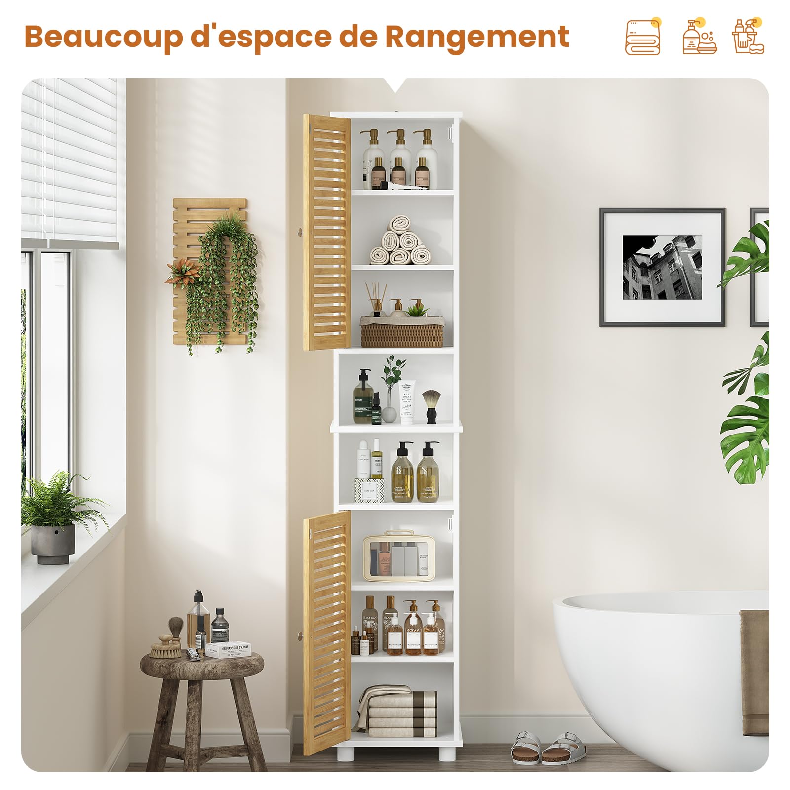 Meuble Colonne Salle de Bain, Armoire de Salle de Bain Haute avec 2 Étagères Ouvertes et 2 Portes en Bambou，Meuble pour Salon, WC, Cuisine, Entrée, 30 × 32 ×190 CM