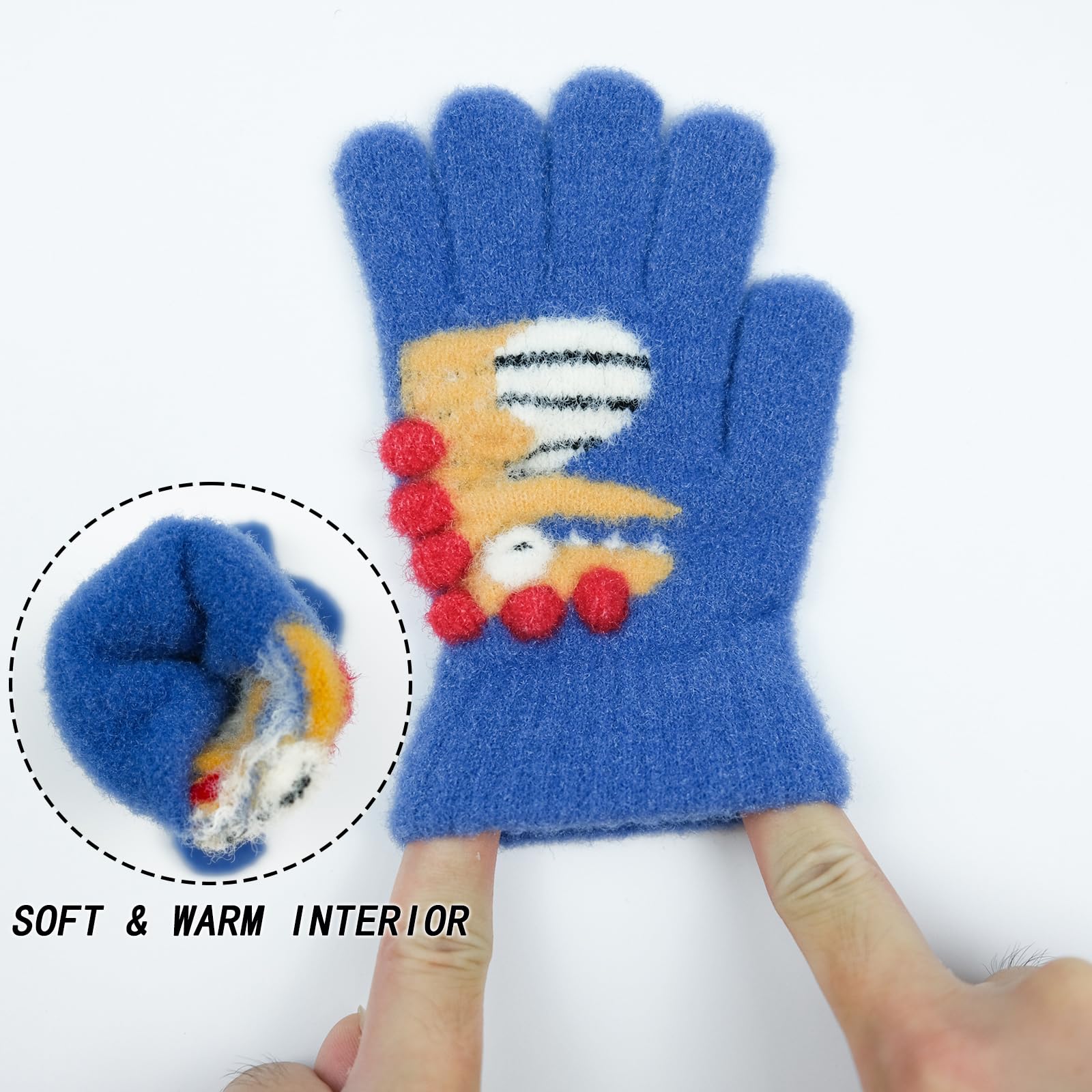 QKURT 3 Pares de Guantes para niños de 3-8 años, Lindos Guantes de Dinosaurio de Dibujos Animados Guantes mágicos cálidos de Invierno Guantes para niños con Dedos Completos para niños y niñas
