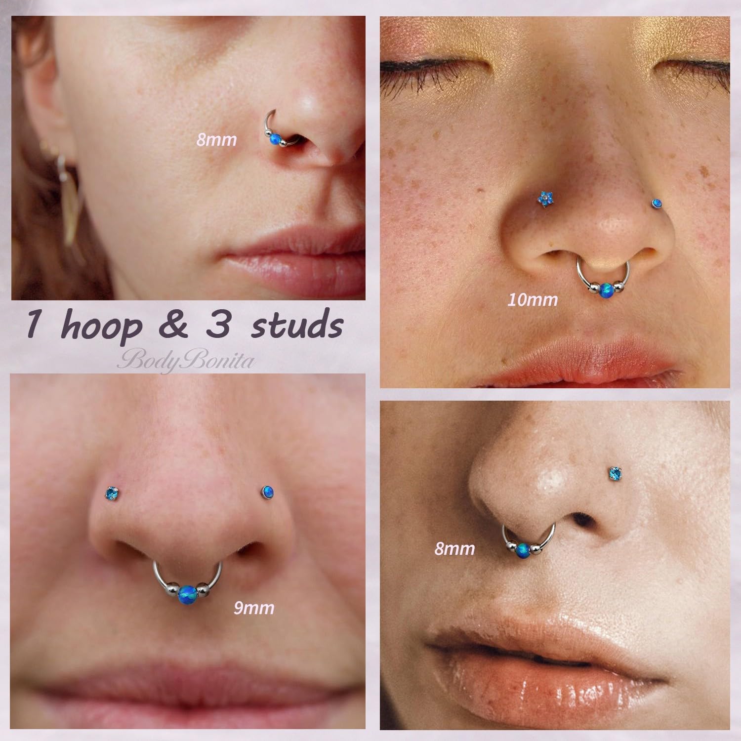 BodyBonita Opal Nose Rings for Women - 316L Surgical Steel Nose Hoops Piercing 20G 18G 16G Septum Rings L Shaped Nose Studs Jewelry Cartilage Conch Daith Helix Tragus Earrings 8/9/10mm 4Pcs 4Pcs - Image 3