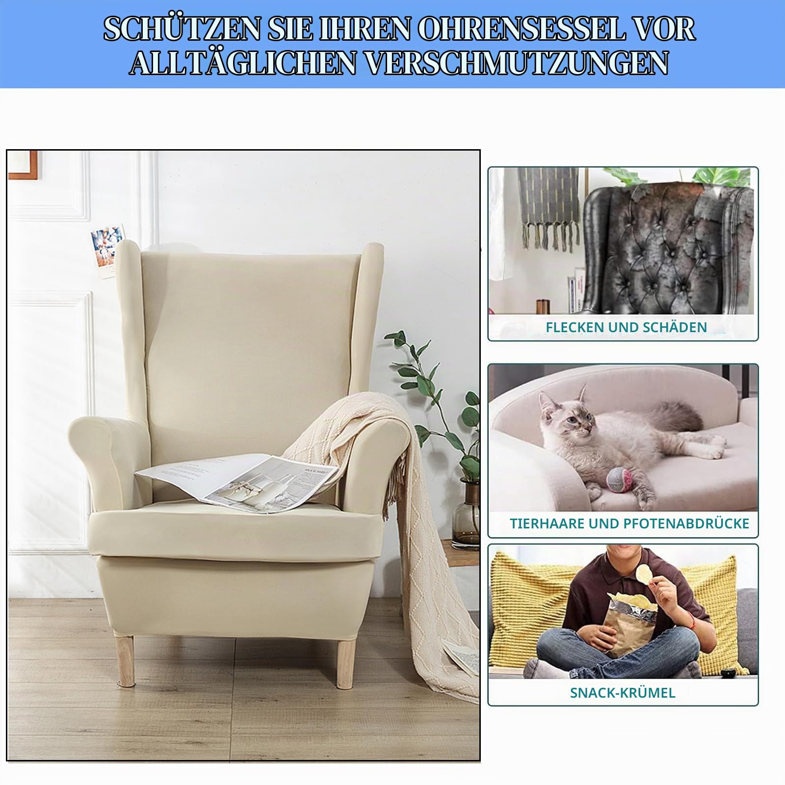 XINGYUEXUAN Ohrensessel Schonbezüge 2 Stück Stretch Flügel Stuhl Abdeckungen mit Armen Solid Farbe Flügel zurück Sessel Sofa Abdeckungen mit elastischen Boden für Wohnzimmer Schlafzimmer (beige)