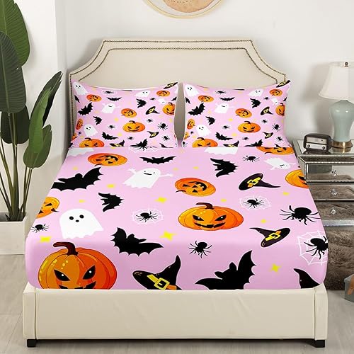 Miniatura 10 de Manfei Juego de sábanas de Halloween tamaño matrimonial, juego de sábanas de fantasmas de calabaza con temática de galaxia, 4 piezas con sábana