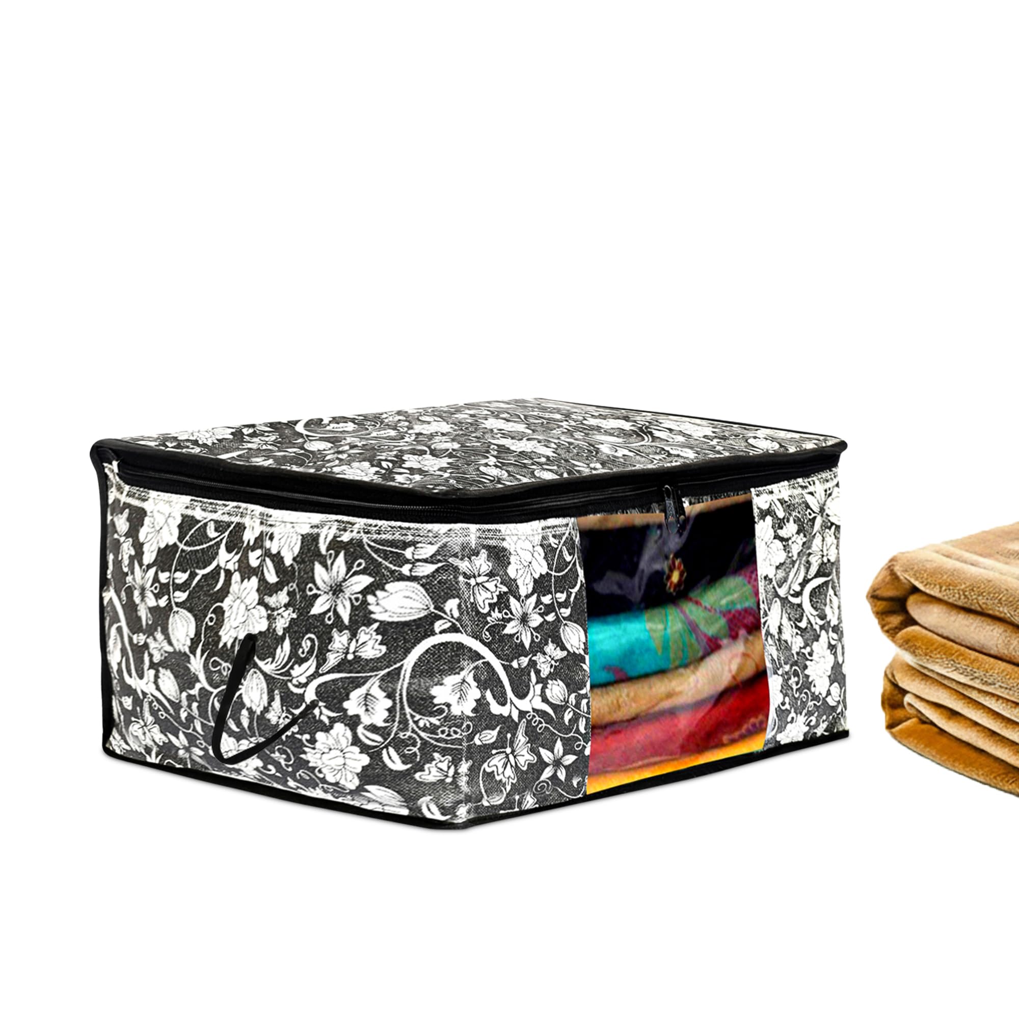 Kuber Industries Flower Print Foldable Woven Underbed Storage Bag|Large Storage Organiser|Blanket Cover with Transparent Window|Size 65 x 45 x 31 CM (Black)-KUBMART16598(Fabric)