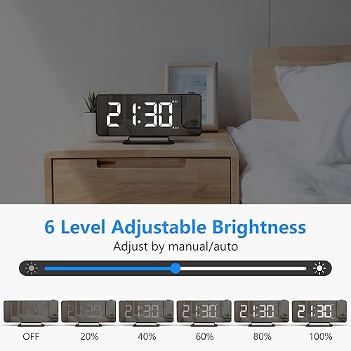 Miniatura 4 de U-pick Reloj despertador digital de proyección para dormitorios, reloj despertador LED de espejo grande de 7.3 pulgadas con cargador USB para