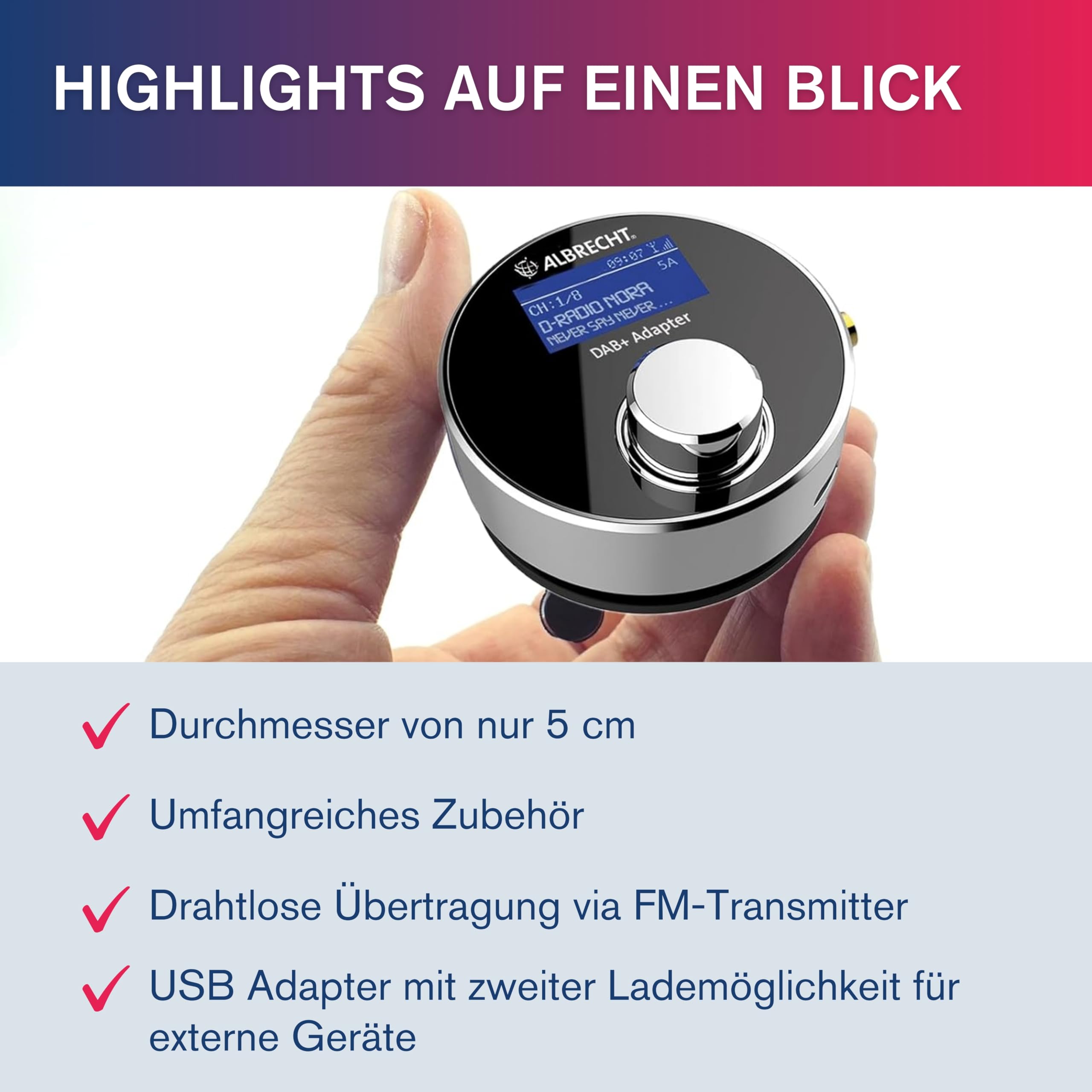 Albrecht DR 54 Digitalradio-Tuner, Mini Adapter mit FM-Transmitter, Aufrüsten von KFZ-Radios & heimischen Stereo-Anlagen, DAB + Sender-Empfang