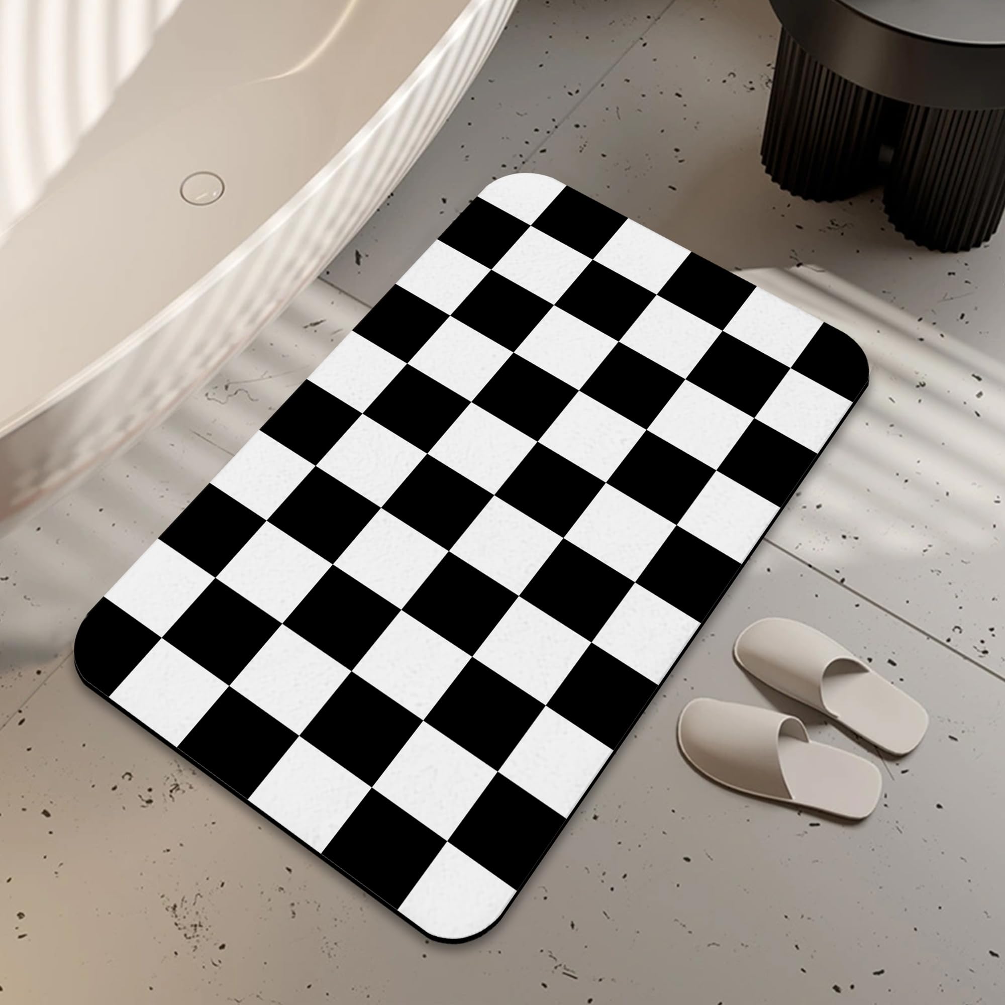 LUOENY Non-Slip Bath Mat 75x43 cm, Absorbent Quick Drying Thin Bathroom Mat for Bathtub Side Floor, Easy to Clean, Black and White Square โ image 1