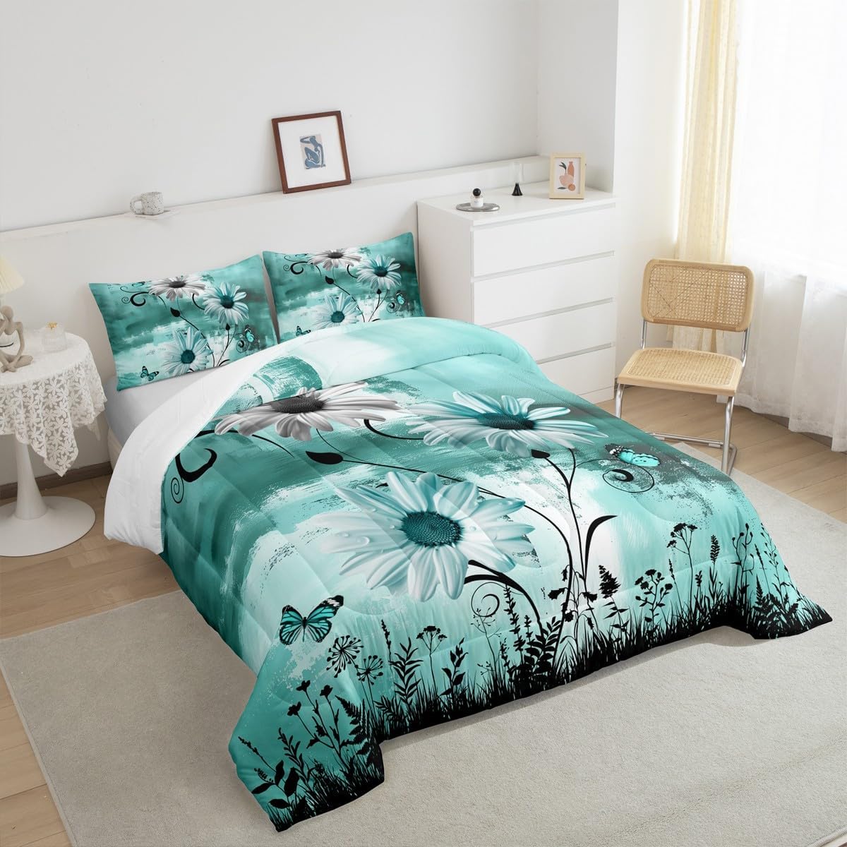 Castle Fairy Rustic Floral Comforter Set Queen Size,Farm Daisy Flowers Butterfly Country Bedding Set for Women Adult,Green Abstract Art Graffiti Luxury Bed Duvet Insert, 2 Pillowcases