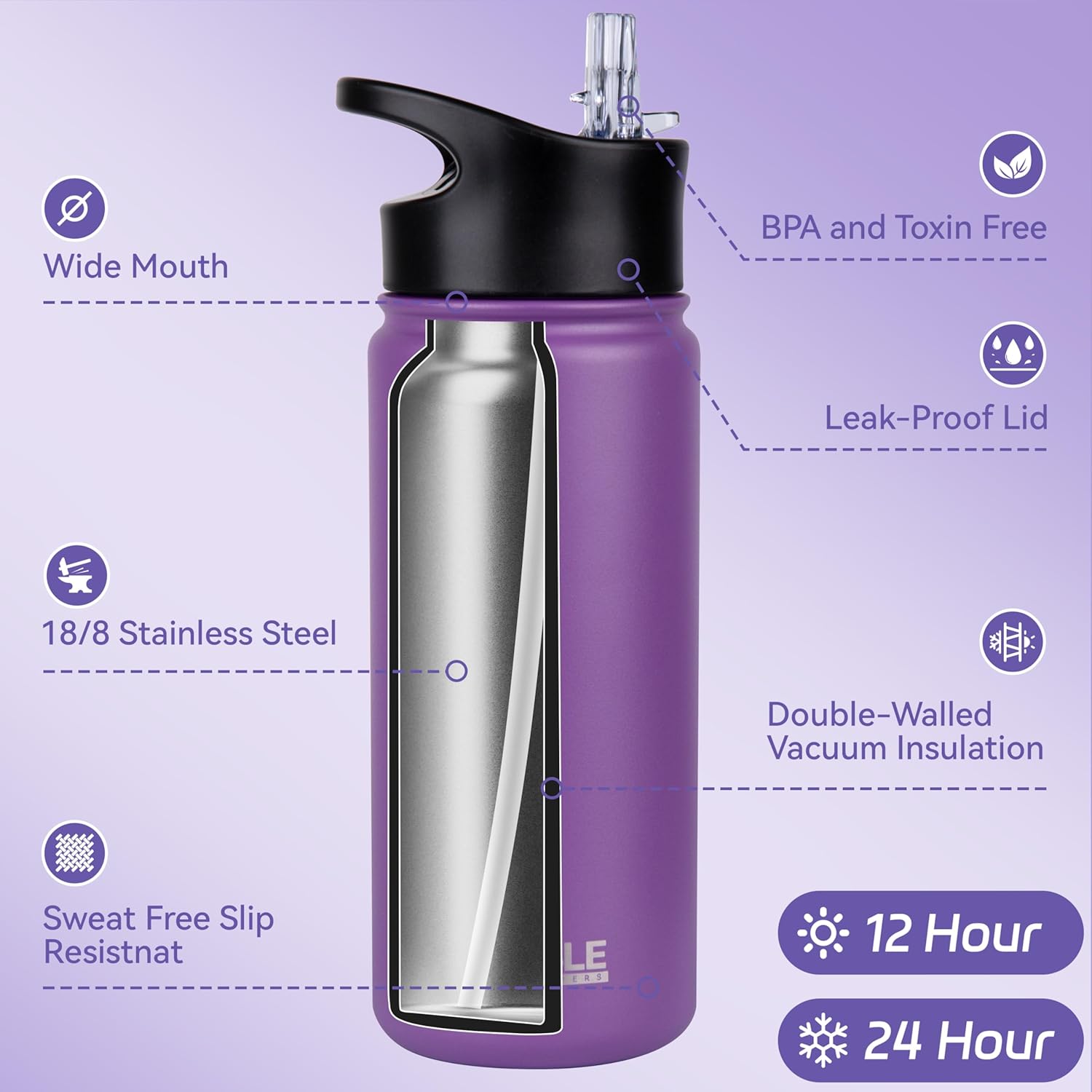 HASLE OUTFITTERS Insulated Water Bottle Kids 16 oz Double Wall Vacuum Stainless Steel Water Bottle Leak Proof for School Wide Mouth with Straw Lid & Spout Lid Keeps Cold and Hot(Purple,4pack) - Image 2