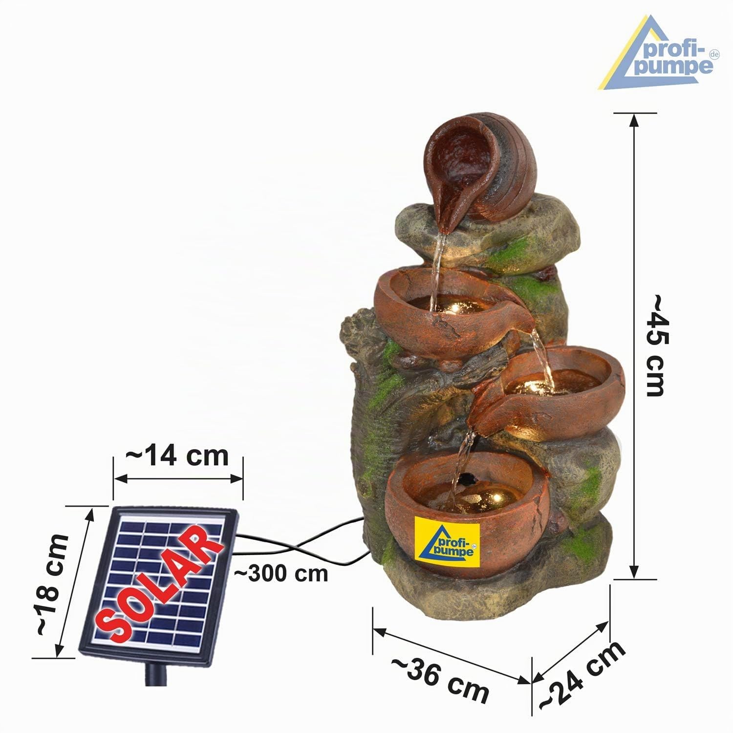 AMUR Fontaine Solaire de Jardin avec Batterie Li-ION et Lumière LED - Fontaine Décorative 4 Cruches pour Sublimer Votre Terrasse, Balcon - Fonction de Démarrage Instantanée