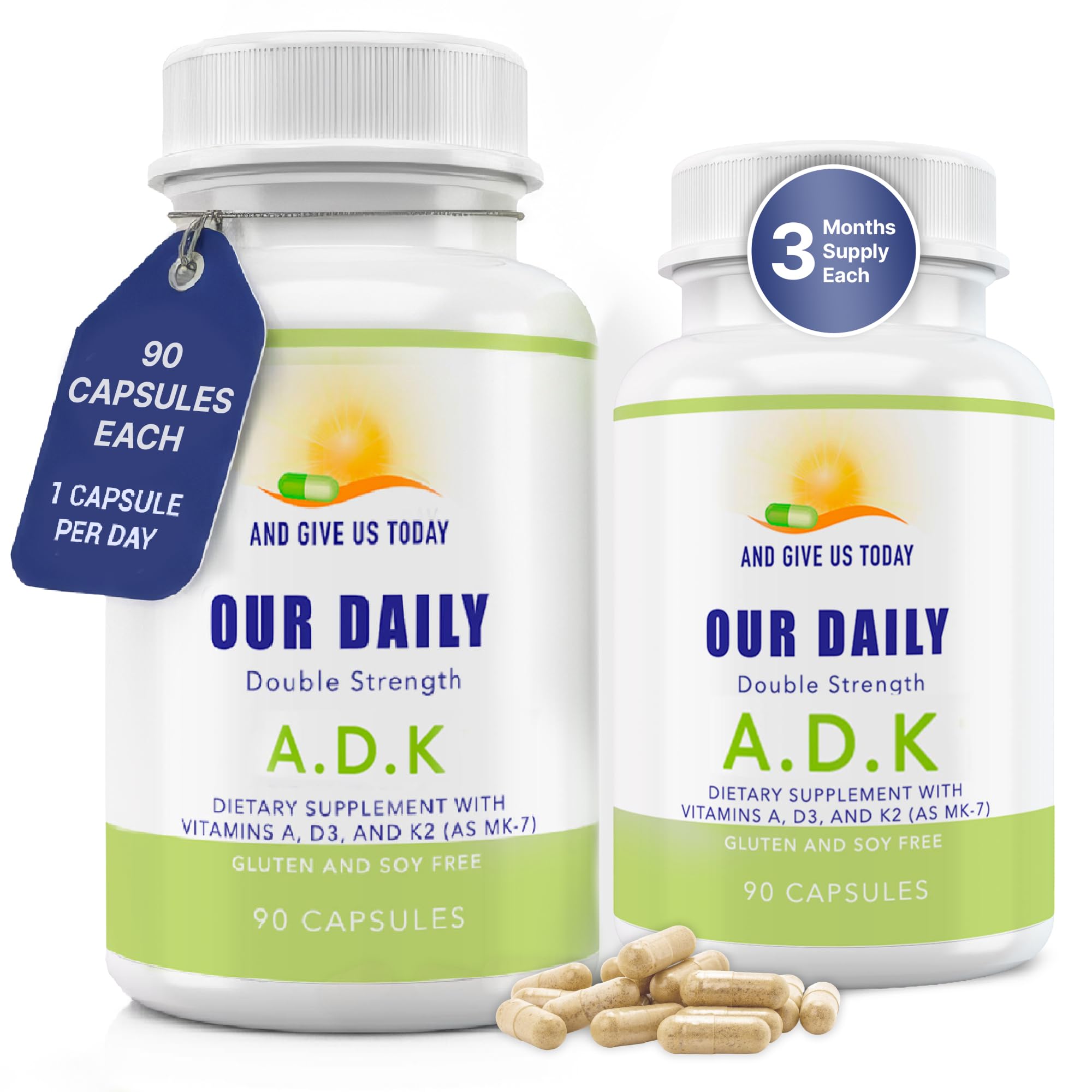 Our Daily Vites ADK Supplement - Vitamin A, D3 & K2 (as MK7) - Bone, Immune System Support - High Potency Vitamins with Non GMO Ingredients - Gluten Free, Soy Free Vegetable Capsules 180 CT