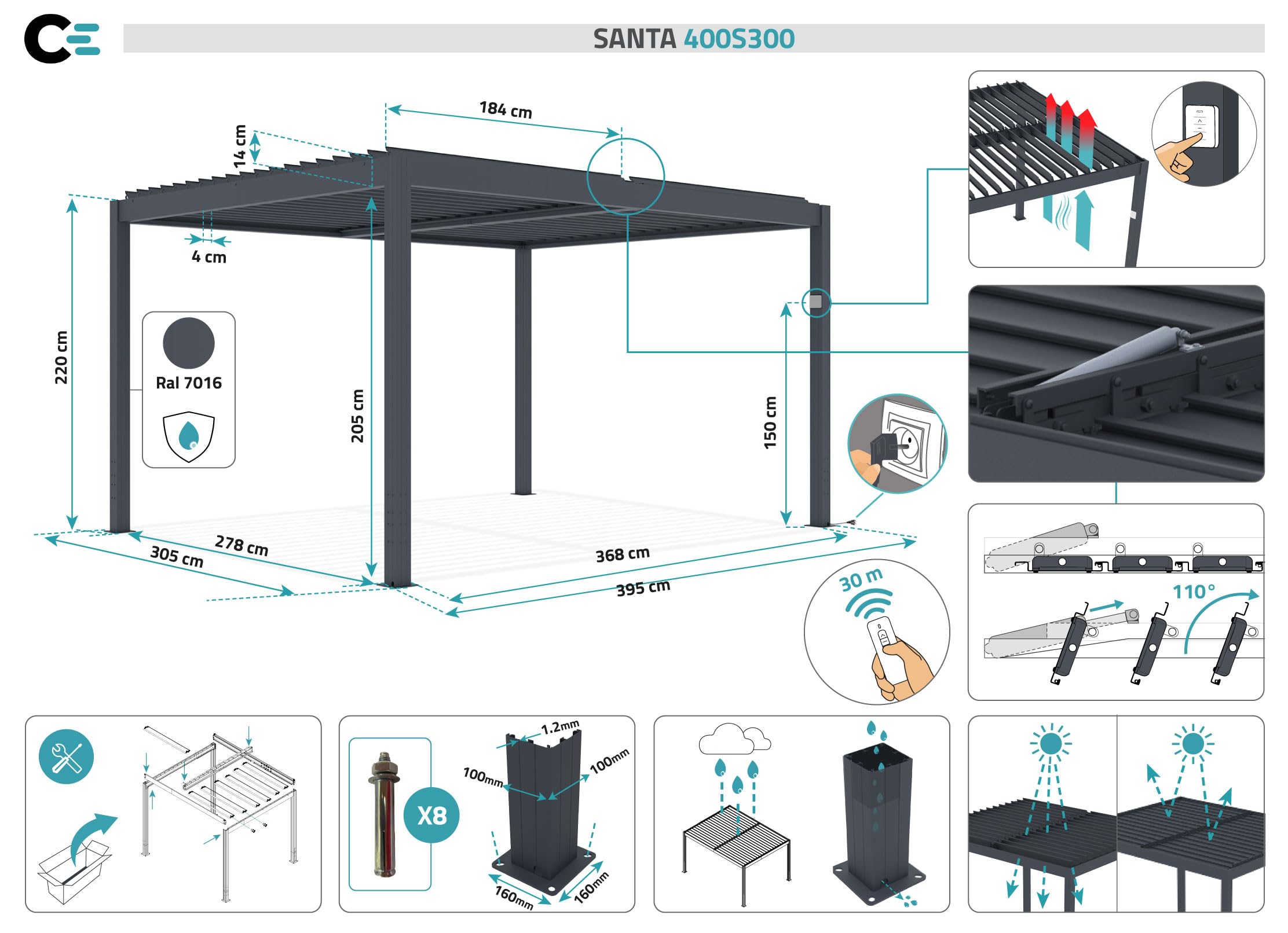 Cazeboo SANTA 4x3m szara aluminiowa pergola bioklimatyczna z napędem elektrycznym
