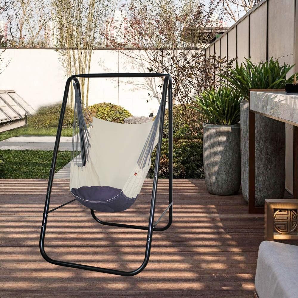 PIRNY Hammock Chair Stand with Hanging Swing-Study Max Capacity up to 500 LBS-Easy to Assemble Weather-Resistant Study Metal Stand for Porch Patio Garden(Black Stand and White Swing)