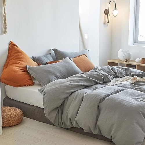 Miniatura 9 de Simple&amp;Opulence Juego de funda de edredón 100% lino, 3 piezas, estilo básico, lino lavado francés, color sólido, suave, transpirable, ropa de cama