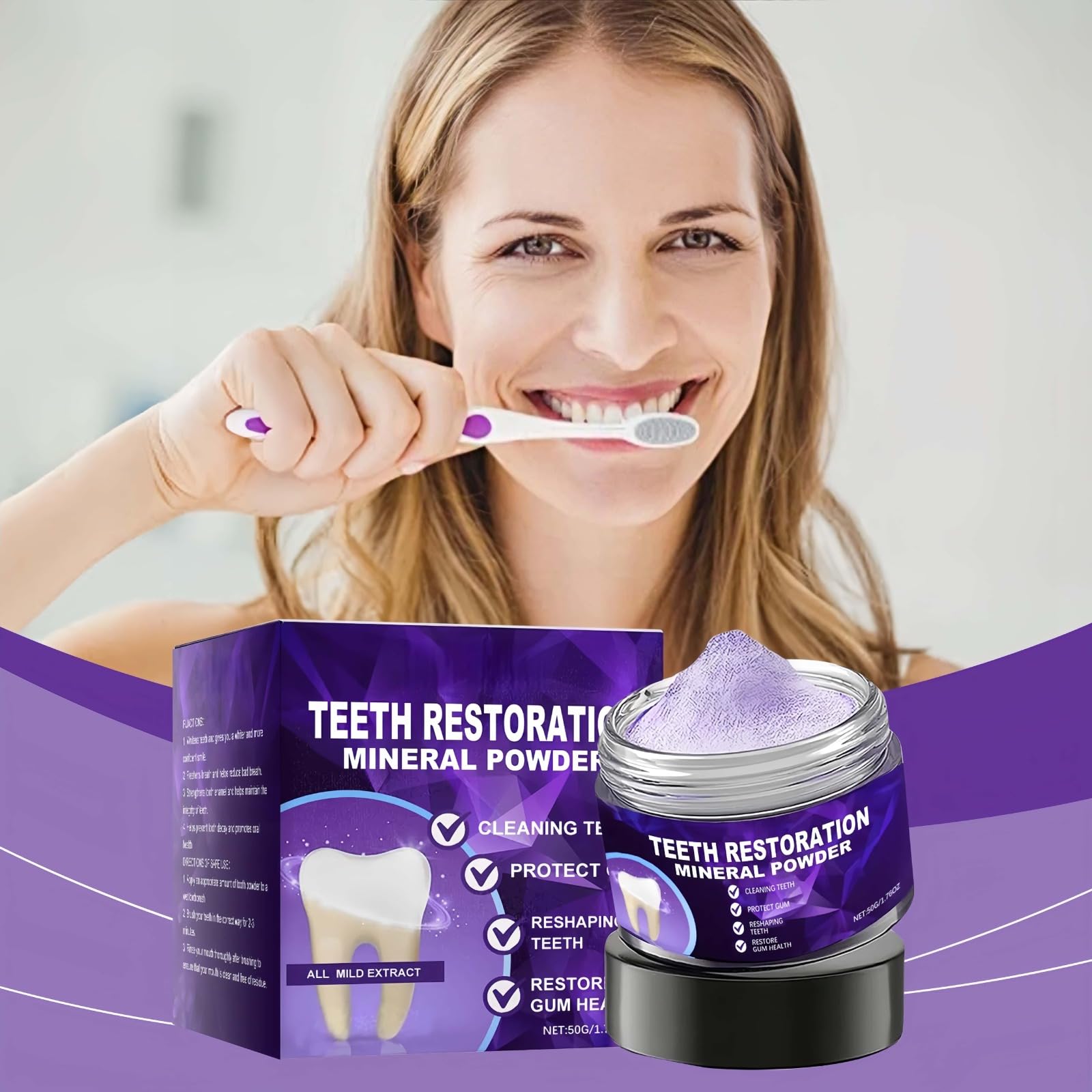 Poudre dentaire de blanchiment des dents efficace pour renforcer les dents et les gencives， dentaire pour la décoloration， minérale pour la réparation des dents