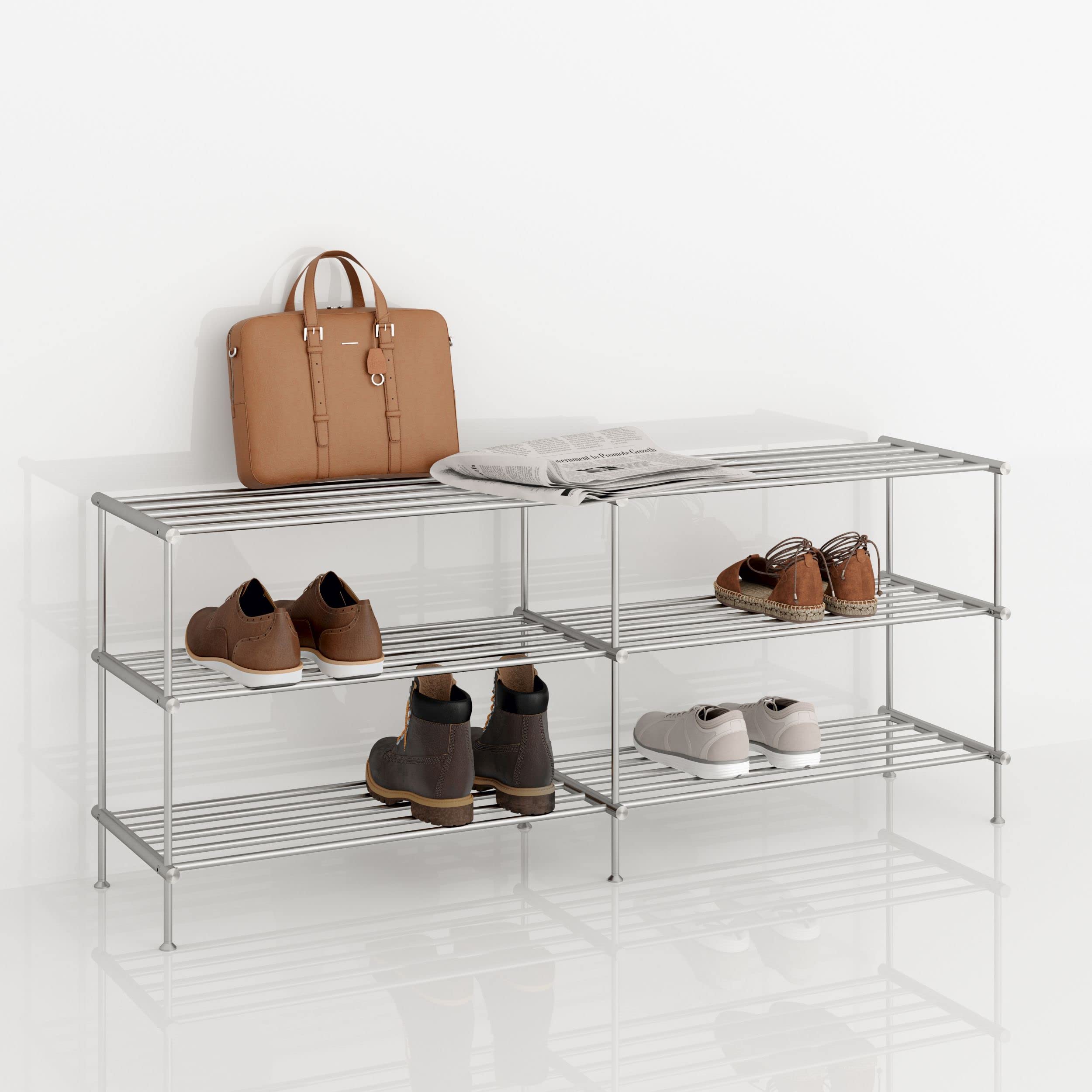 PHOS Design, SR1200-3, regał na buty, 3 poziomy, 120 cm szerokości, szczotkowana stal szlachetna