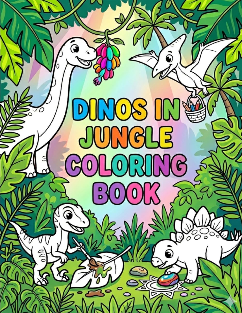 Dinos in jungle coloring book: friendly dinosaur coloring book age 3 to 8