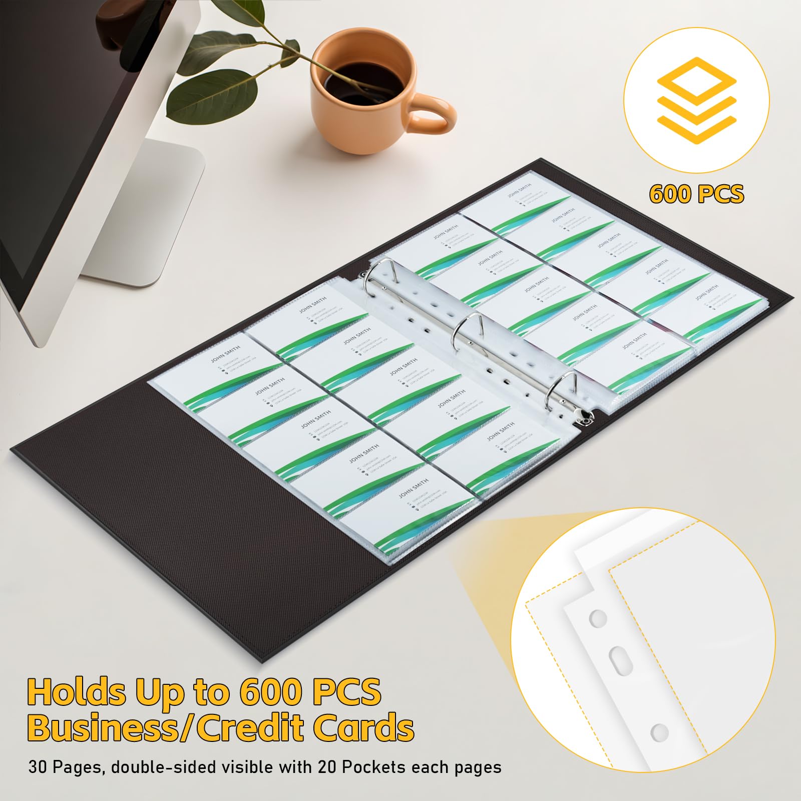 A4 Business Card Holder Organiser 600 Capacity PU Leather 3-Ring Binder with 30 Refillable Pages, Side-Loading Design for Credit Cards & Contact Management (Black) | Office Organisation Essential - BigaMart A4 Business Card Holder Organiser 600 Capacity PU Leather 3-Ring Binder with 30 Refillable Pages, Side-Loading Design for Credit Cards & Contact Management (Black) | Office Organisation Essential - BigaMart
