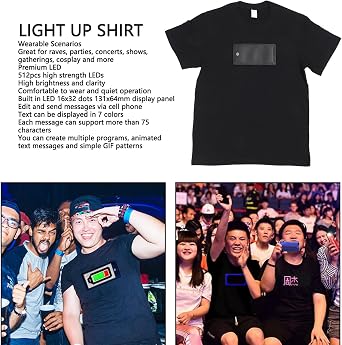 GOWENIC Programmable LED T Shirt with 5.2x2.5 Display, Rechargeable Multi-Language & Multi-Mode LED Sign Blinking Features for Party Show (XXL)
