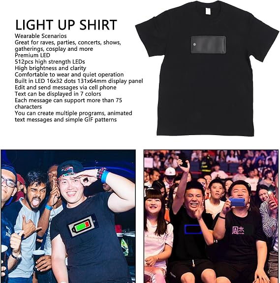 GOWENIC Programmable LED T Shirt with 5.2x2.5 Display, Rechargeable Multi-Language & Multi-Mode LED Sign Blinking Features for Party Show (XXL)