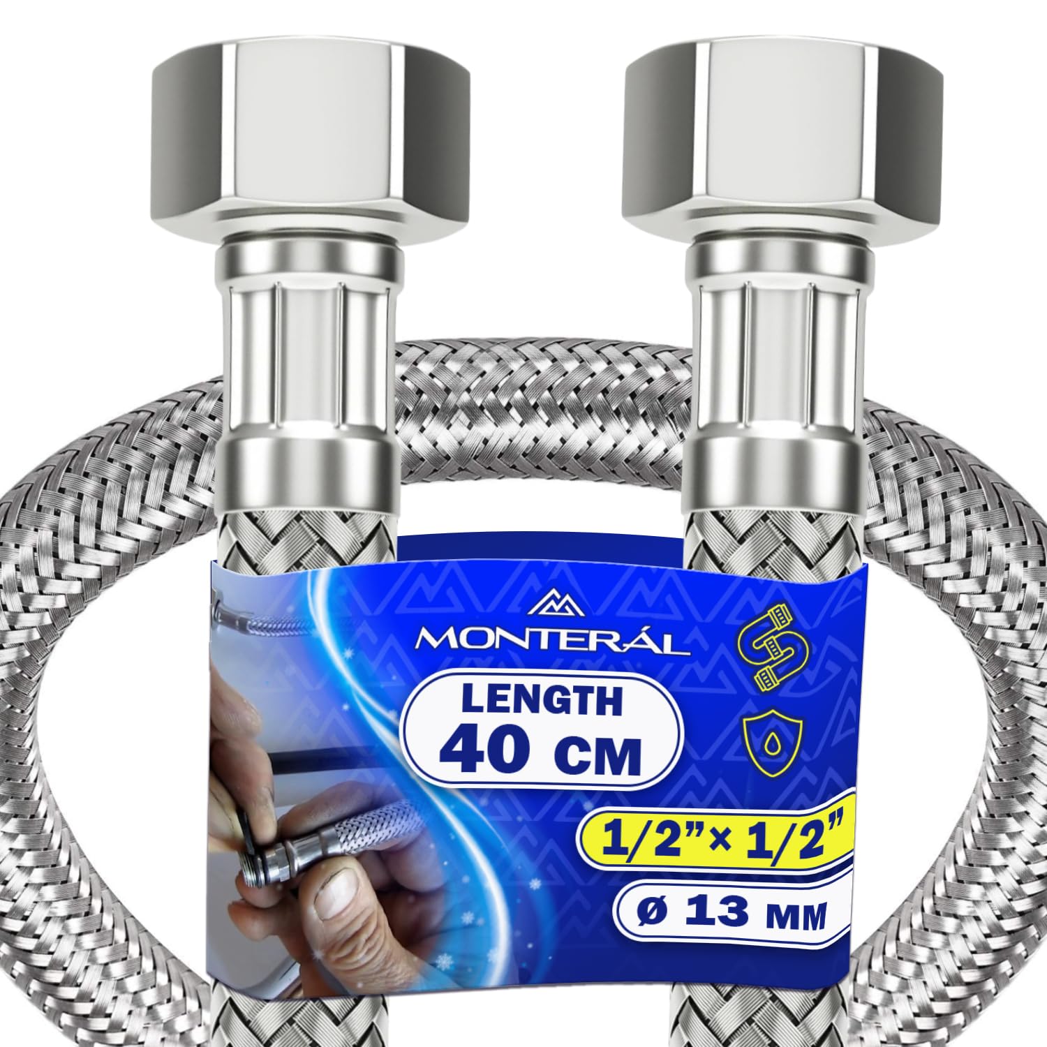 Węże hydrauliczne 40 cm z siatką ze stali nierdzewnej żeńsko-żeńskie 1/2" x 1/2" o średnicy 13 mm - 10 lat - MONTERAL