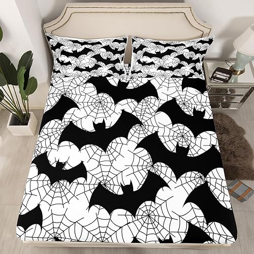 Miniatura 10 de Juego de ropa de cama con diseño de murciélagos para decoración de Halloween, diseño de luna, calabaza, gótico, caricatura, diseño de murciélagos,