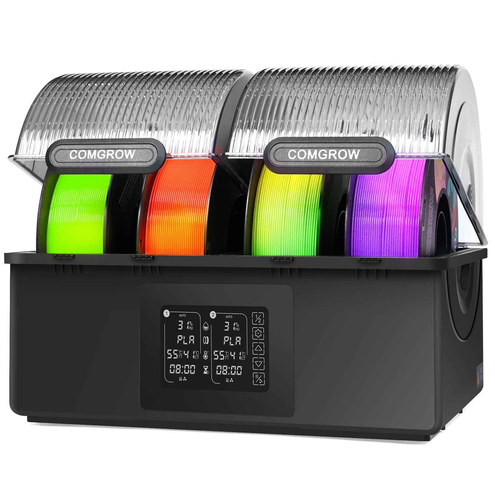 Comgrow SH03 Filamenttrockner, 4-Spulen Trocknerbox, 200W PTC bis 85°C, 2 Heizkammern, für PLA PETG ABS TPU ASA 1,75/2,85mm