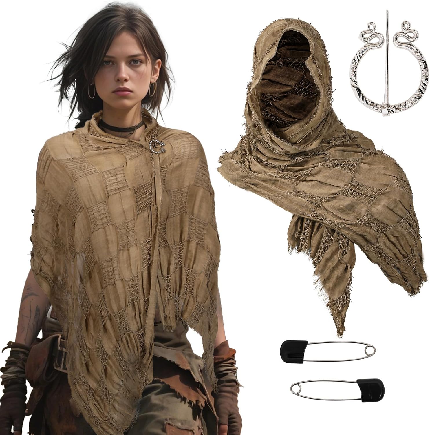 JIAHG Medieval Costume Ripped Rags Shoulder Wrap Dune Wasteland Hooded Shawl with Brooch Cowl Scarf Rogue Renaissance Cape