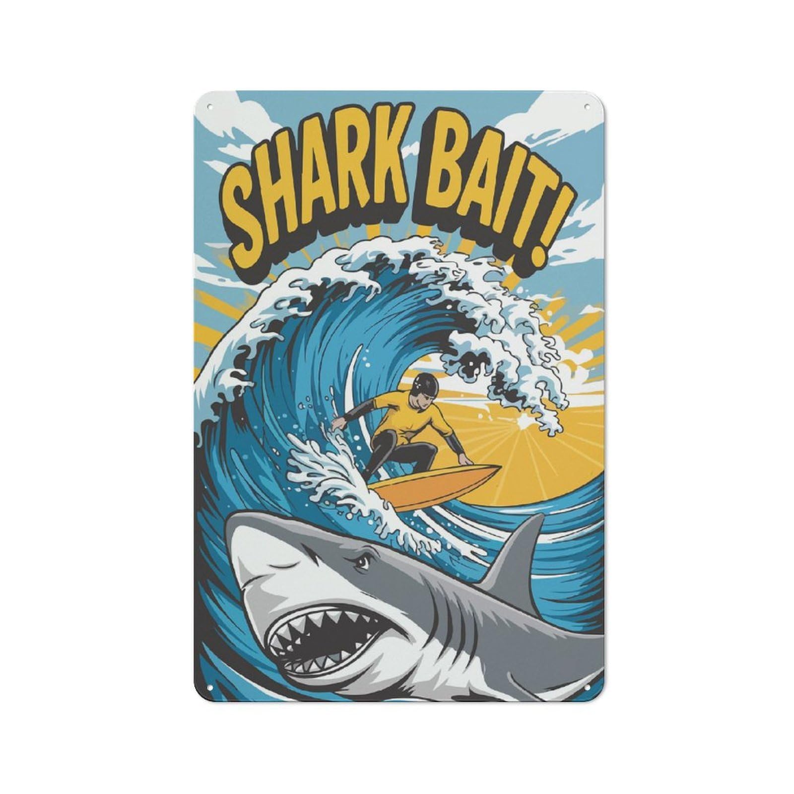 Junmoney Style-1 Cottage Style Shark Bait Surfer Country Metal Sign 30X20cm, Farmhouse Wall Decor For Farmhouse Kitchen, Pantry Or Dining Area
