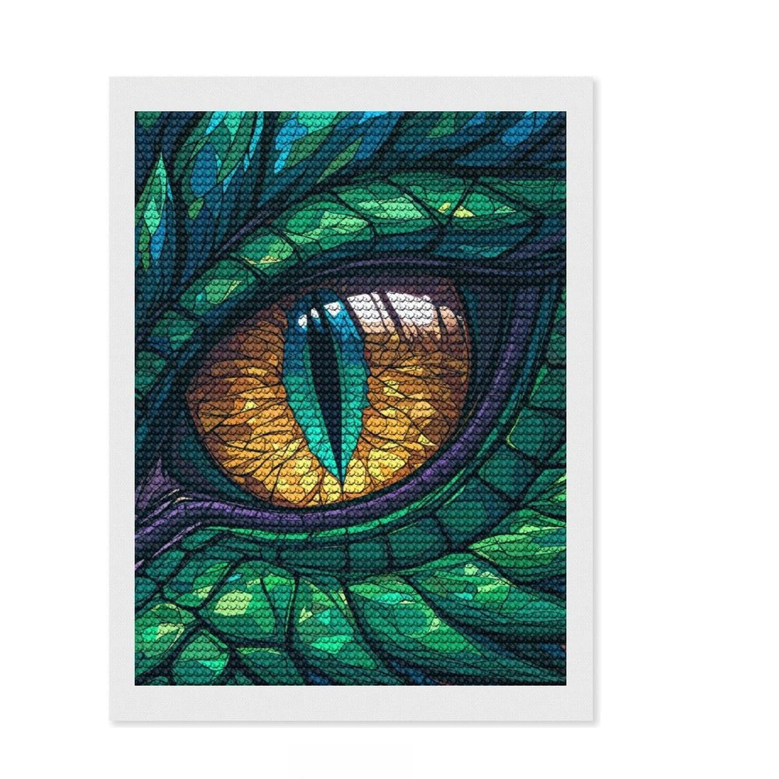 Junmoney Dragons Gaze Stained Glass Diamond Art Kit 12"x16", Office Decor, for Women, with Tool Kit, Gift Idea, Stress Relief Craft, Adhesive Canvas