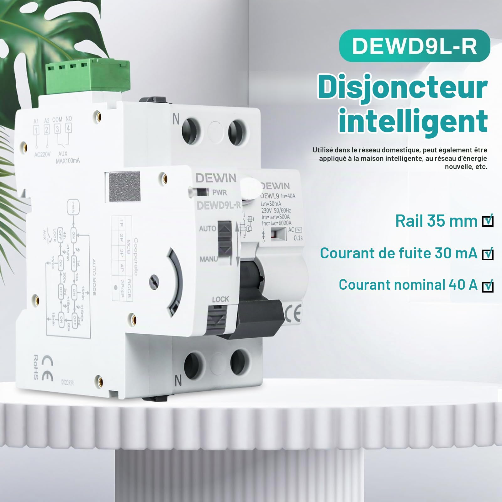 DEWIN Disjoncteur Différentiel, GRD9L-R RCCB Dispositif de Réenclenchement Automatique Disjoncteurs électriques Disjoncteur intelligent Type AC 2P 40A 30mA