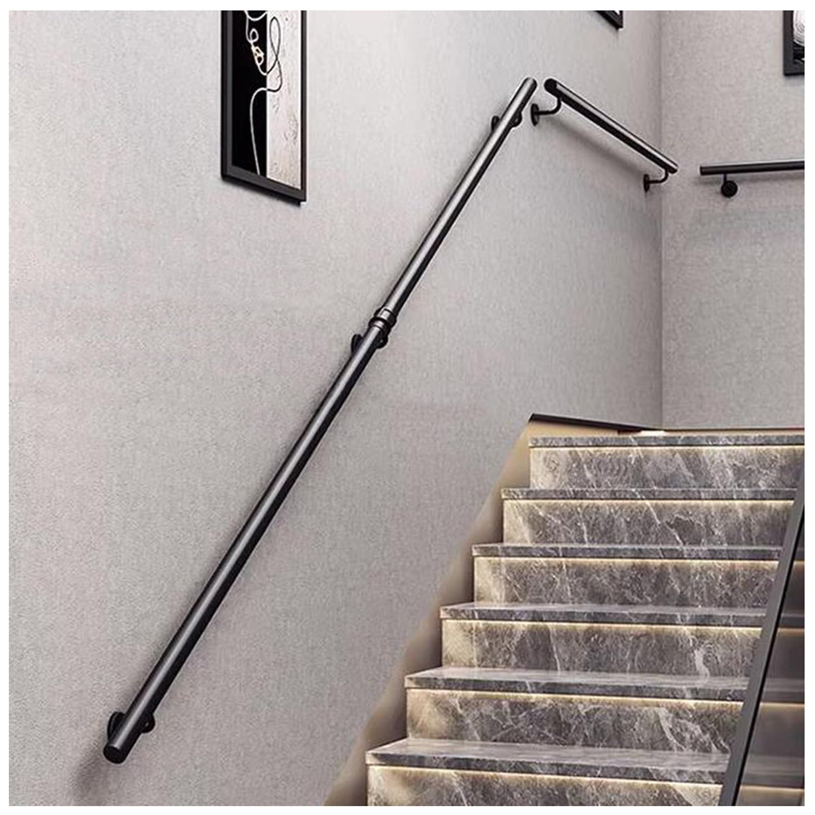 Corrimano in Tubo Metallico per Scale, Finitura Nera Rotonda, Montaggio a Parete, per Interni, con Maniglia per Porta, 50 cm