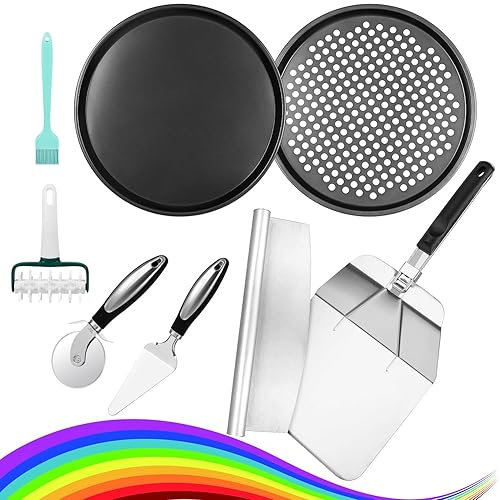 Fat-Cattie pizza making kit,Pizza making tools,Pizza Cutter Pizza Peel Pizza Pan Set,12"*14"Pizza Peel,12"Pizza Pan,14"Pizza Cutter Rocker(8PC) - Stainless Steel - 8PC