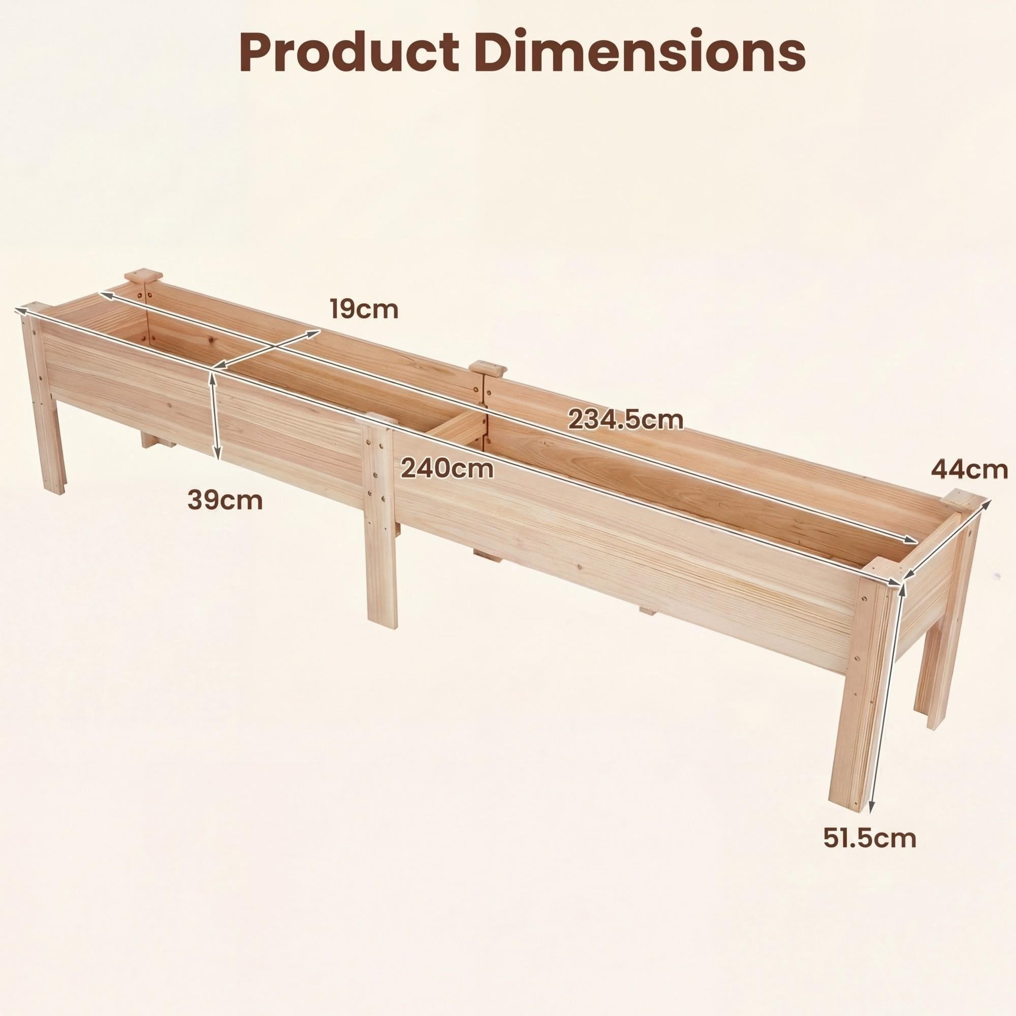 HOMASIS Jardinière Surélevée avec Étagère, Bac à Plantes en Bois de Sapin avec Trou de Drainage, Parterre de Fleurs Surélevé pour Jardin, Balcon, Terrasse (Naturel, 240 x 43,5 x 51,5 cm)