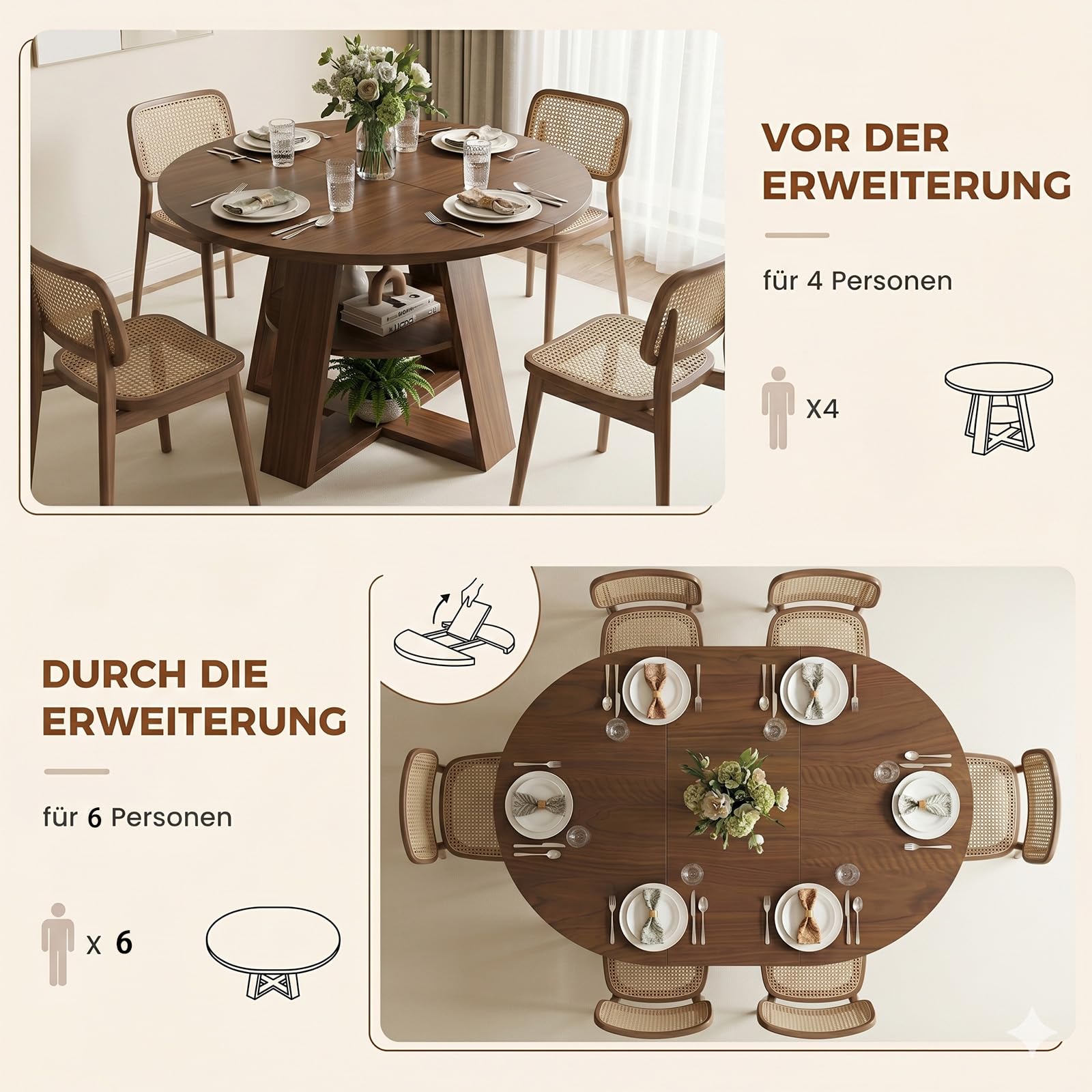 Esstisch Rund Ausziehbar, 100-140cm Moderner Küchentisch Holz, Esszimmertisch Oval für 4-6 Personen, Wohnzimmertisch mit Offenen Ablagen für Küche, Esszimmer und Wohnzimmer