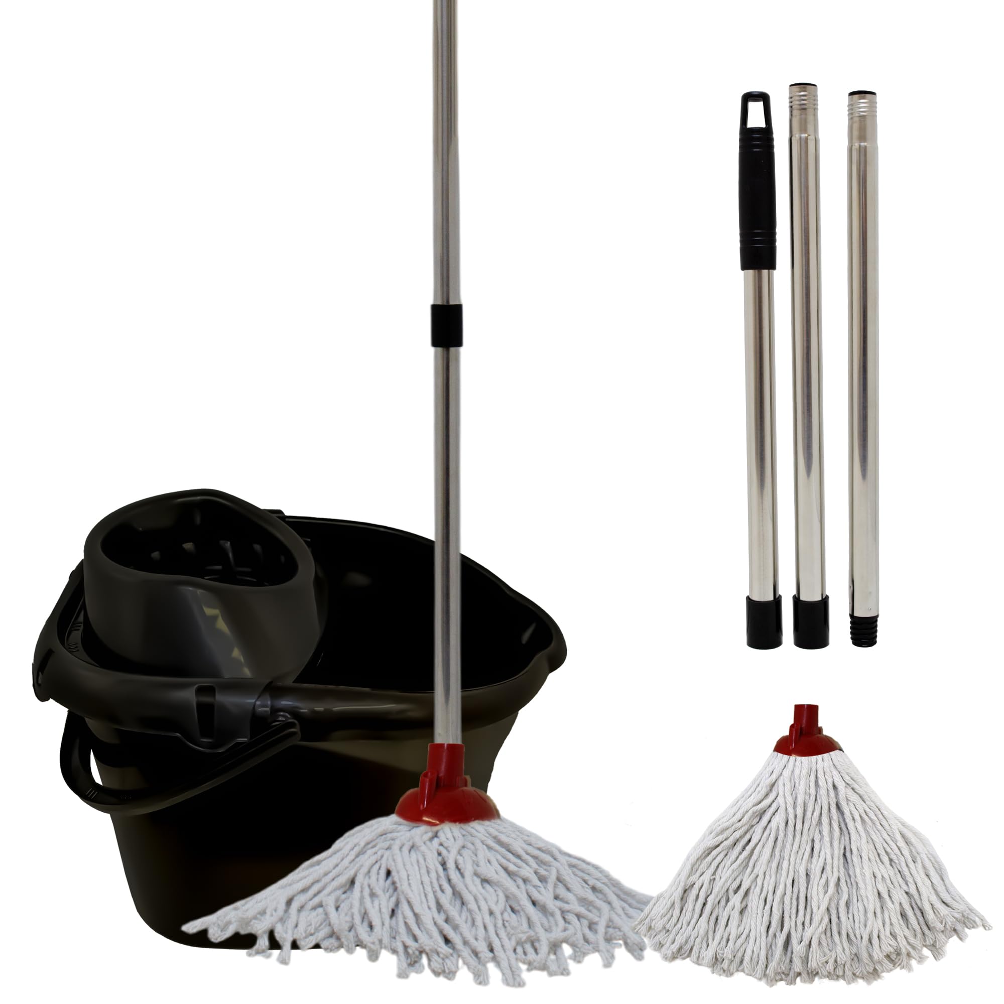 KMJ Mop and Buckets Sets (2 Red Mop Heads & 1 Steel Pole) with Detachable Wringer- Plastic Mop and Bucket- Durable Plastic Bucket and Floor Mop Microfibre Mop and Bucket Set