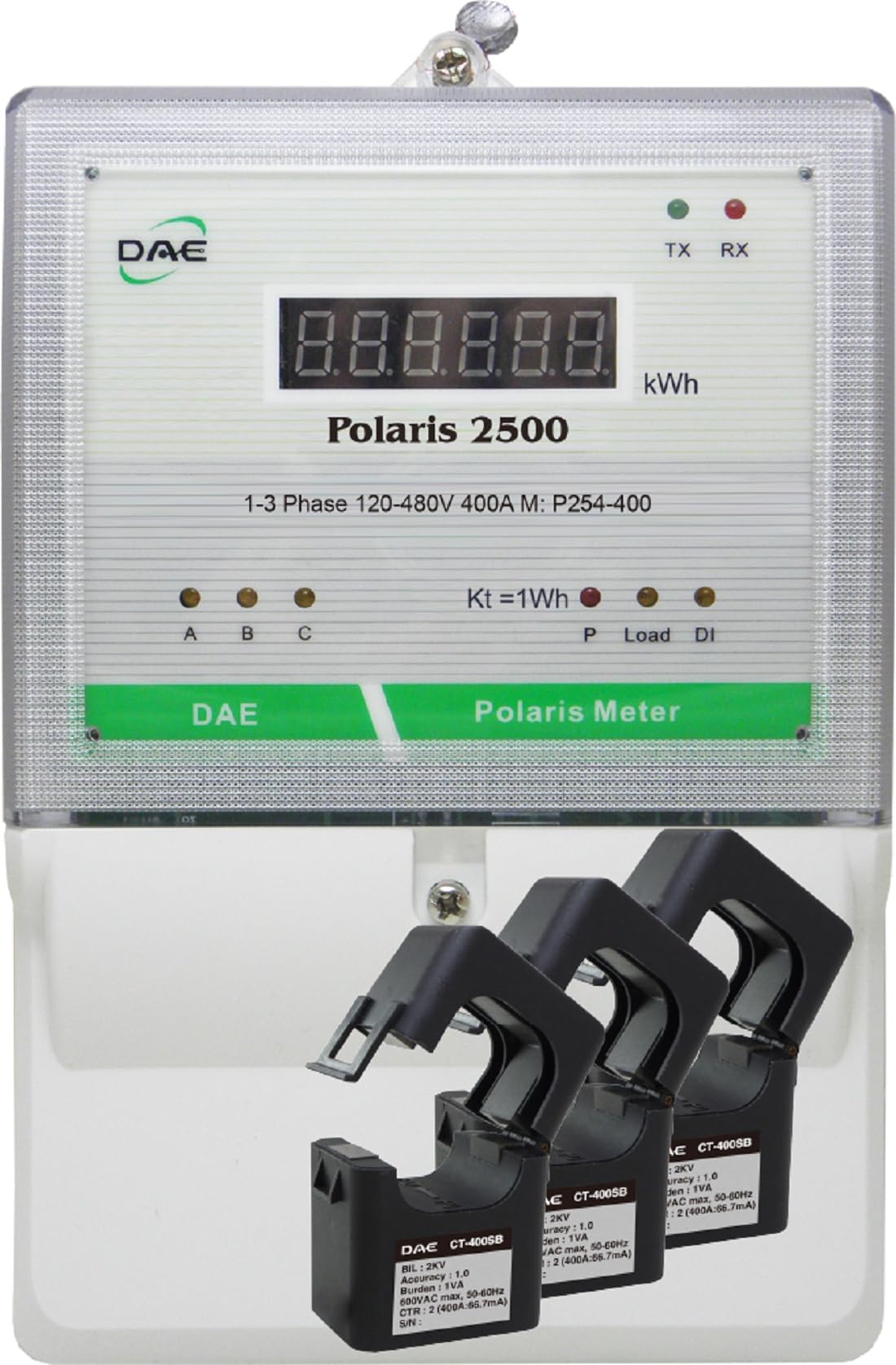 DAE P254-400 KIT, 400A, UL kWh Smart Submeter, 3 Phase, 120-480V, 3 Split CTs (Inner Dia. 1.38"), RS485