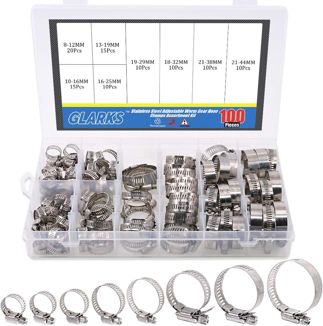 100Pcs Adjustable 8-44mm Range 304 Stainless Steel Worm Gear Hose Clamps Assortment Kit, Fuel Line Clamp for Water Pipe, Plumbing, Automotive and Mechanical Application (Hose Clamp Kit)