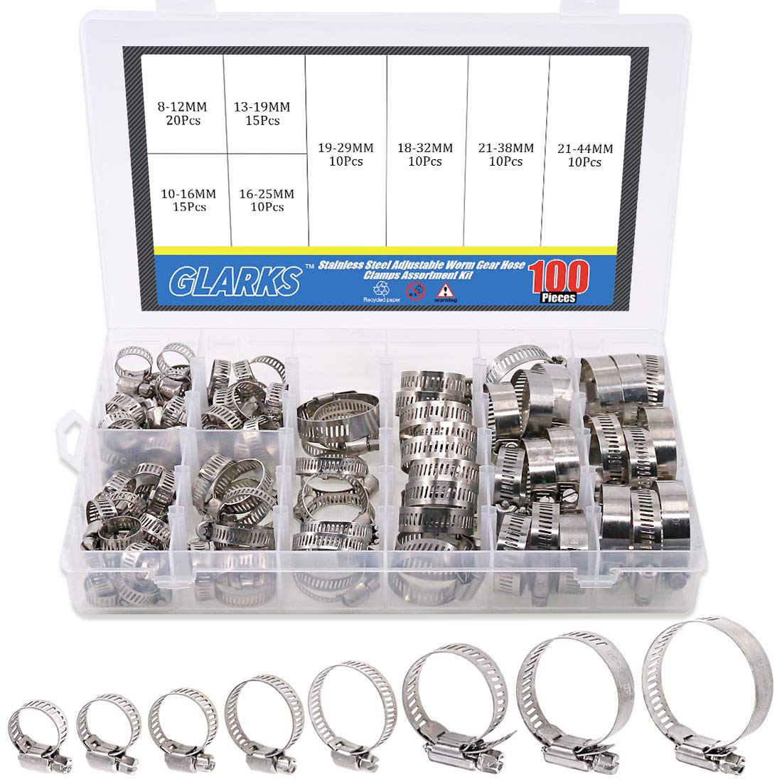 Glarks 100Pcs Adjustable 844mm Range 304 Stainless Steel Worm Gear Hose Clamps Assortment Kit