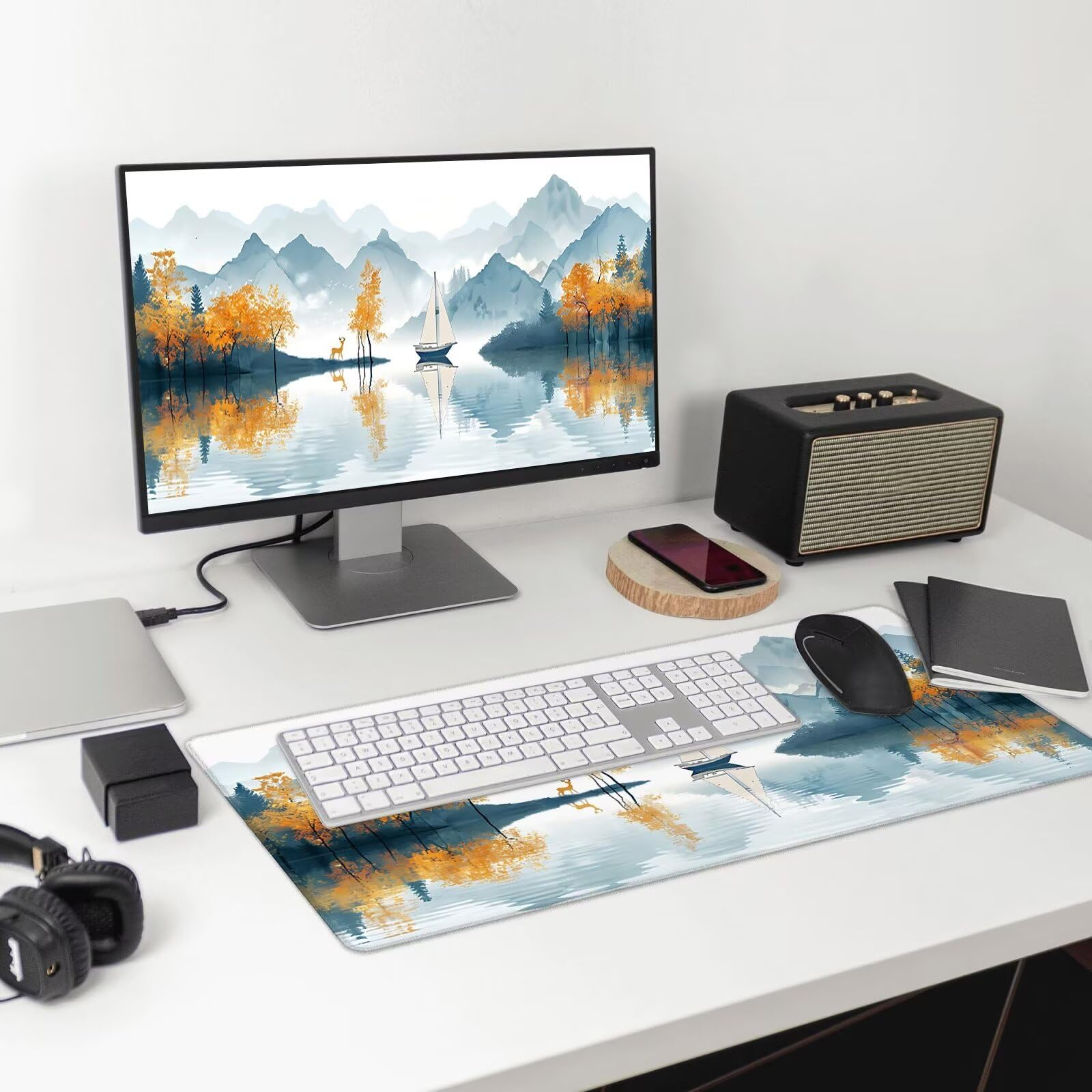 Tapis de Souris de Jeu, Bateau Tapis de Souris XXL 900x400x4 mm, Sous-Main Bureau Paysage avec Base en Caoutchouc Antidérapant et Imperméable, Surface Lisse Améliorez la Précision et la Vitesse, L-1