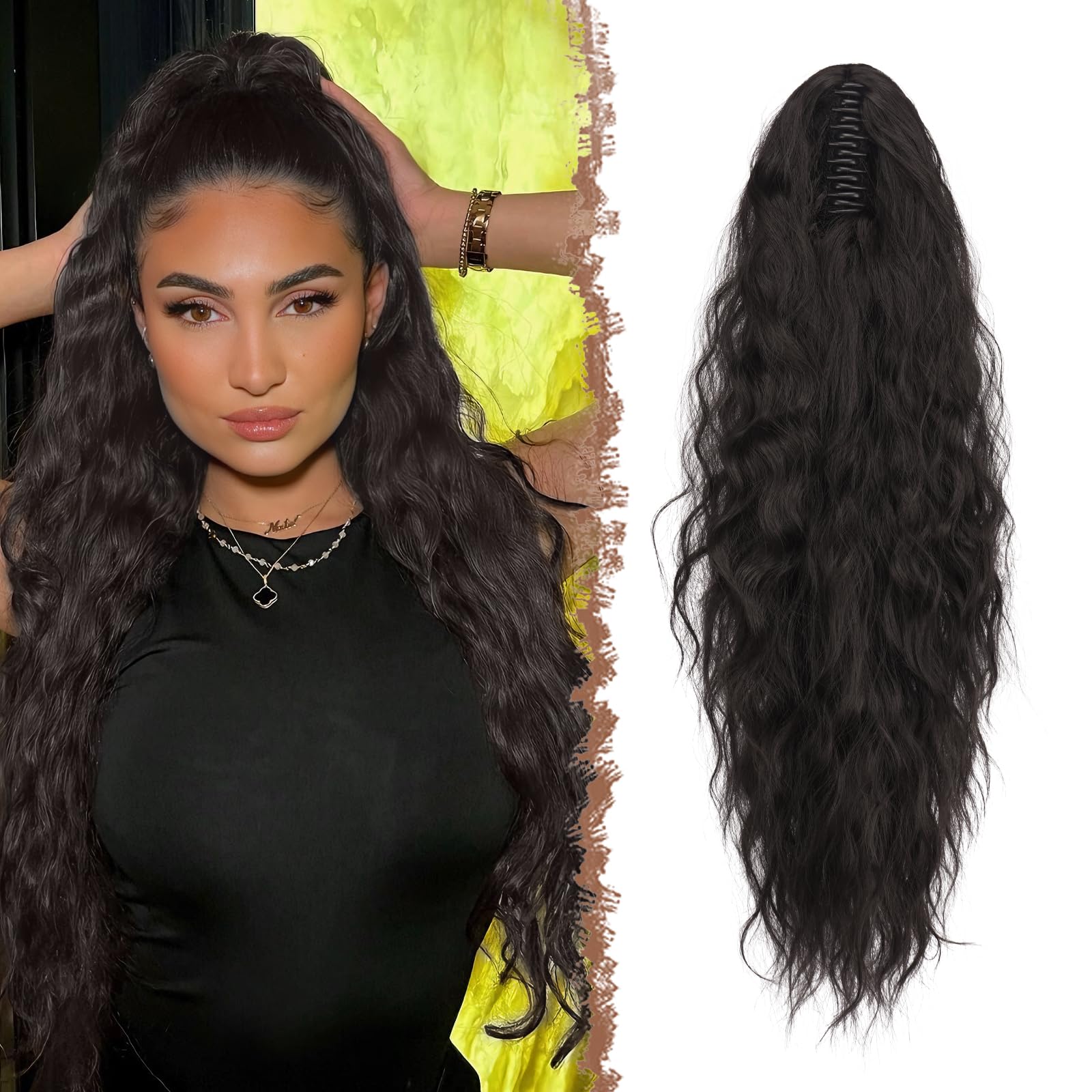 FESHFEN Claw Clip Ponytail Extensions, Long Pony Tail Hair Piece Wavy Curly Synthetic Hairpieces for Women Natural Black 26 inch
