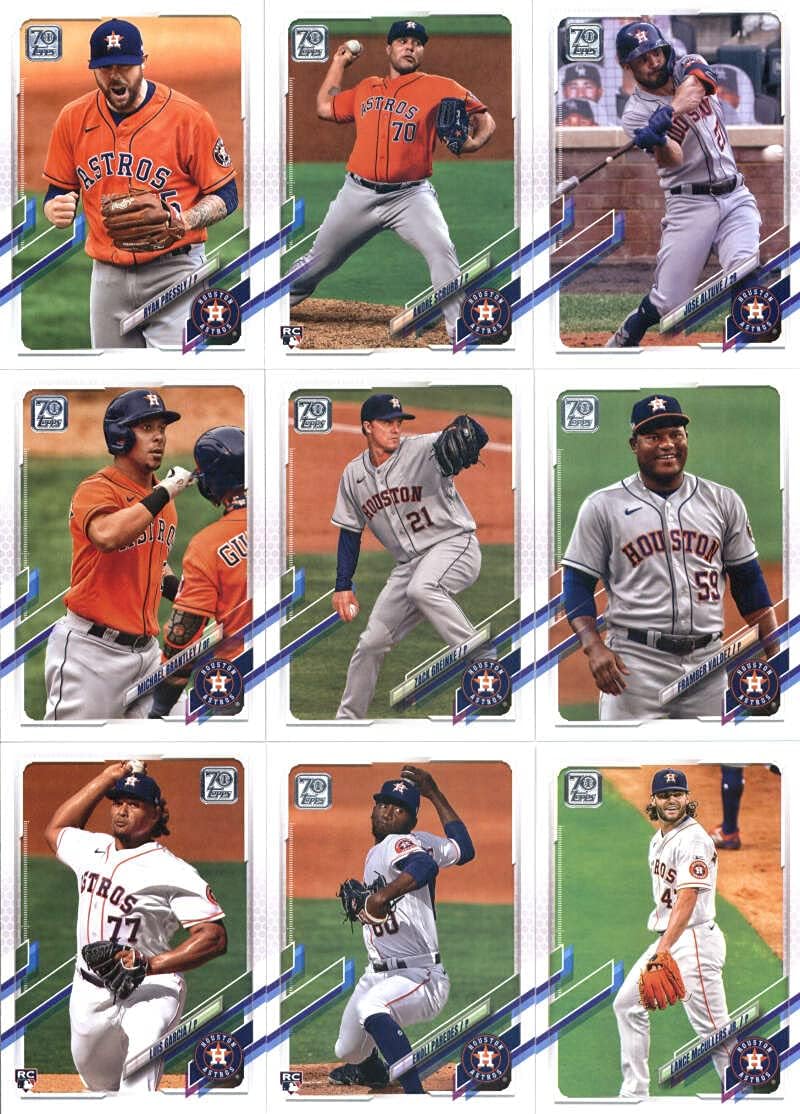 2021 Topps Complete (Series 1 & 2) Houston Astros Team Set of 23 Cards: Roberto Osuna(#2), Justin Verlander(#112), Yuli Gurriel(#147), Cristian Javier(#183), Brandon Bielak(#193), Blake Taylor(#228), Jose Urquidy(#240), Carlos Correa(#253), Josh Reddick(#289), Alex Bregman(#297), Yordan Alvarez(#300), Andre Scrubb(#384), Jose Altuve(#432), Michael Brantley(#434), Zack Greinke(#463), Framber Valdez(#514), Houston Astros(#545), plus more