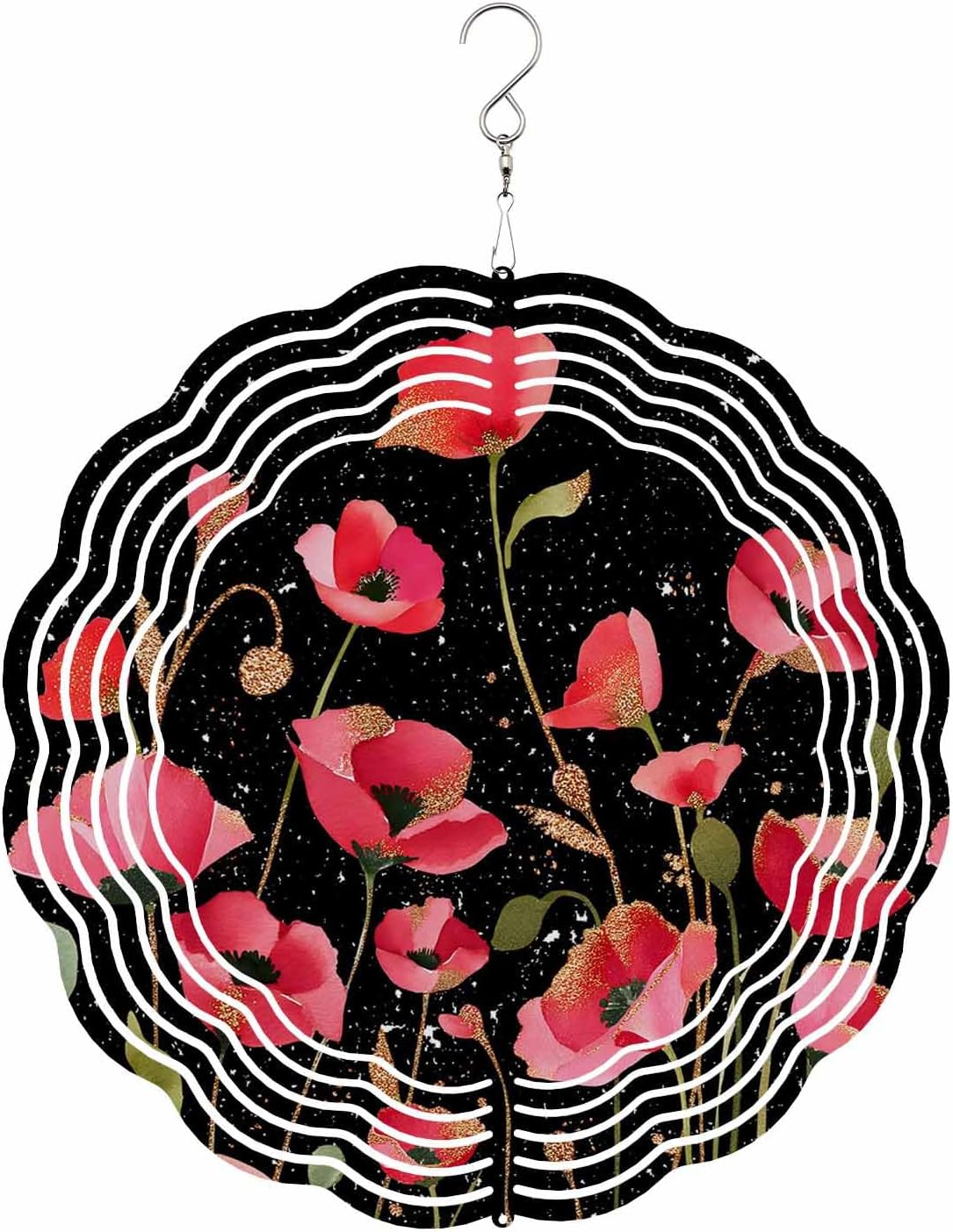 Spring Floral Wind Spinner 12 Inch Watercolor Red Wildflower Rustic Farmhouse Starry Sky Wind Spinners Outdoor 3D Stainless Steel Hanging Sculpture Decorations Gift for Garden Yard Porch Balcony