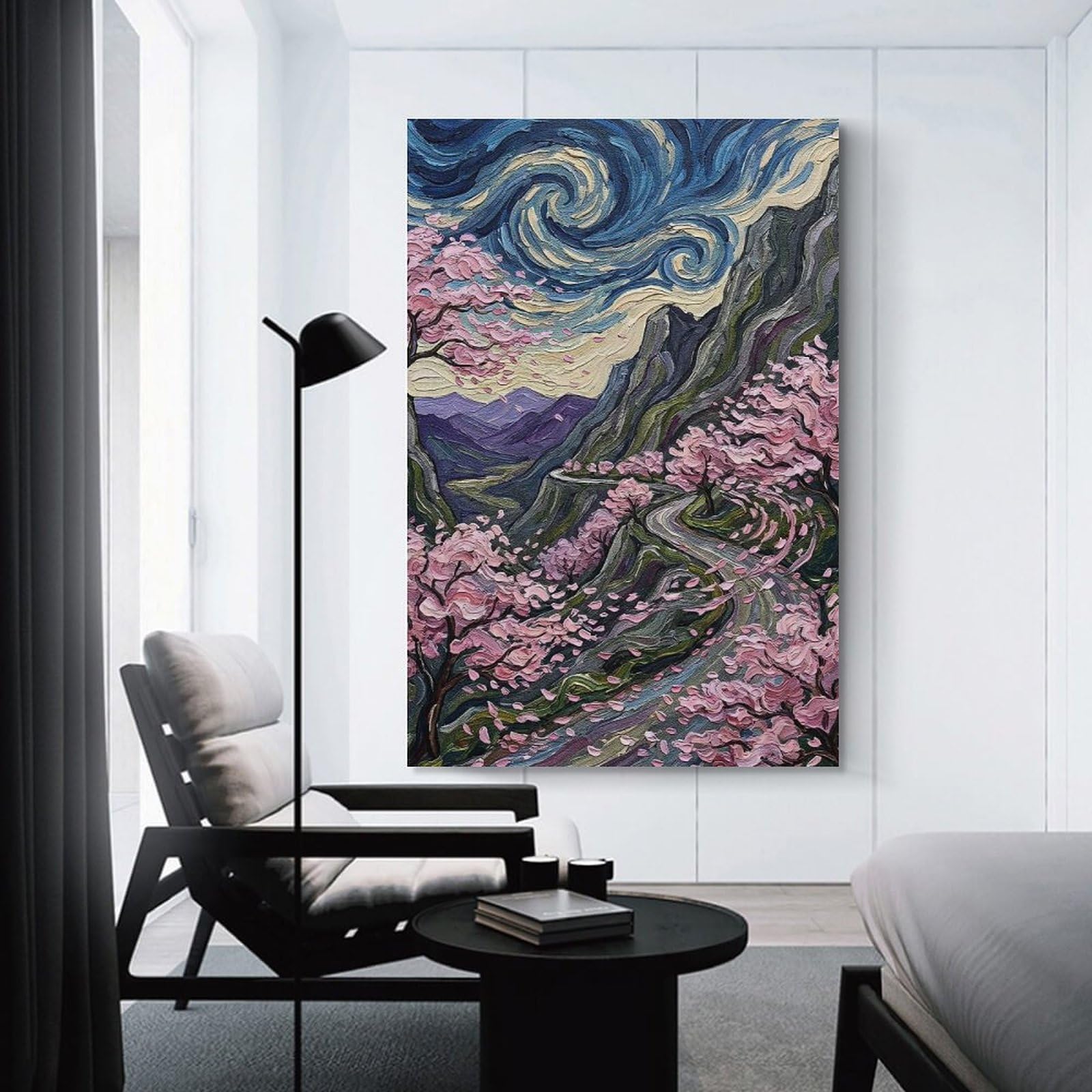Junmoney Cherry Blossoms on A Winding Mountain Road Canvas Wall Decor, 24x36inch(60x90cm), for Lounge Decor, Bedroom Walls Or Flats, Eye Catching Artwork for Blank Walls